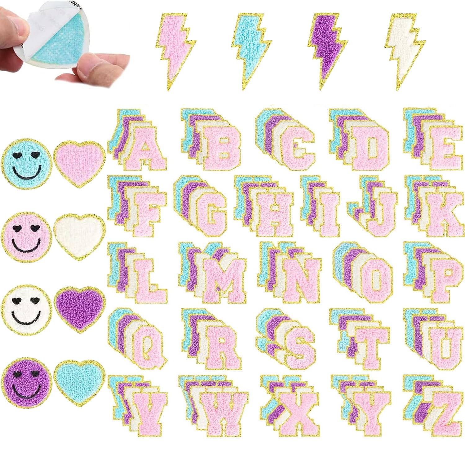 mancyz Chenille Letter Patches, 116 Pieces Self-Adhesive Embroidered Appliques with Hearts and Lightning Bolts, Pink Purple White Gold, 2-3 Inches — image 1