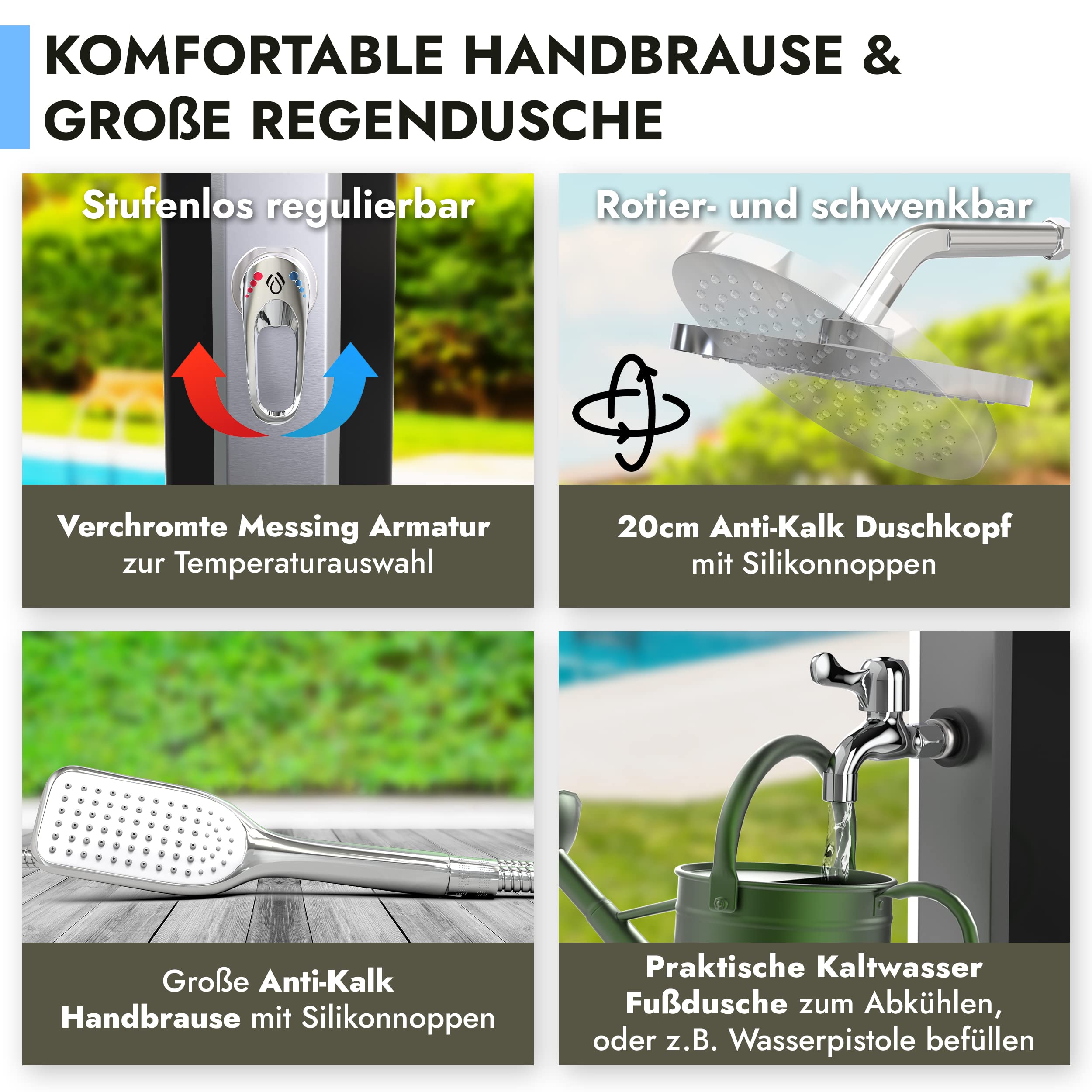 LAWA Living and Lifestyle Garten Solardusche 40l schwarz mit Handbrause | 20cm Duschkopf V2A Edelstahl Front Antikalk Silber Gartendusche Aussendusche ohne Bodenplatte Solar Sauna Dusche Outdoor