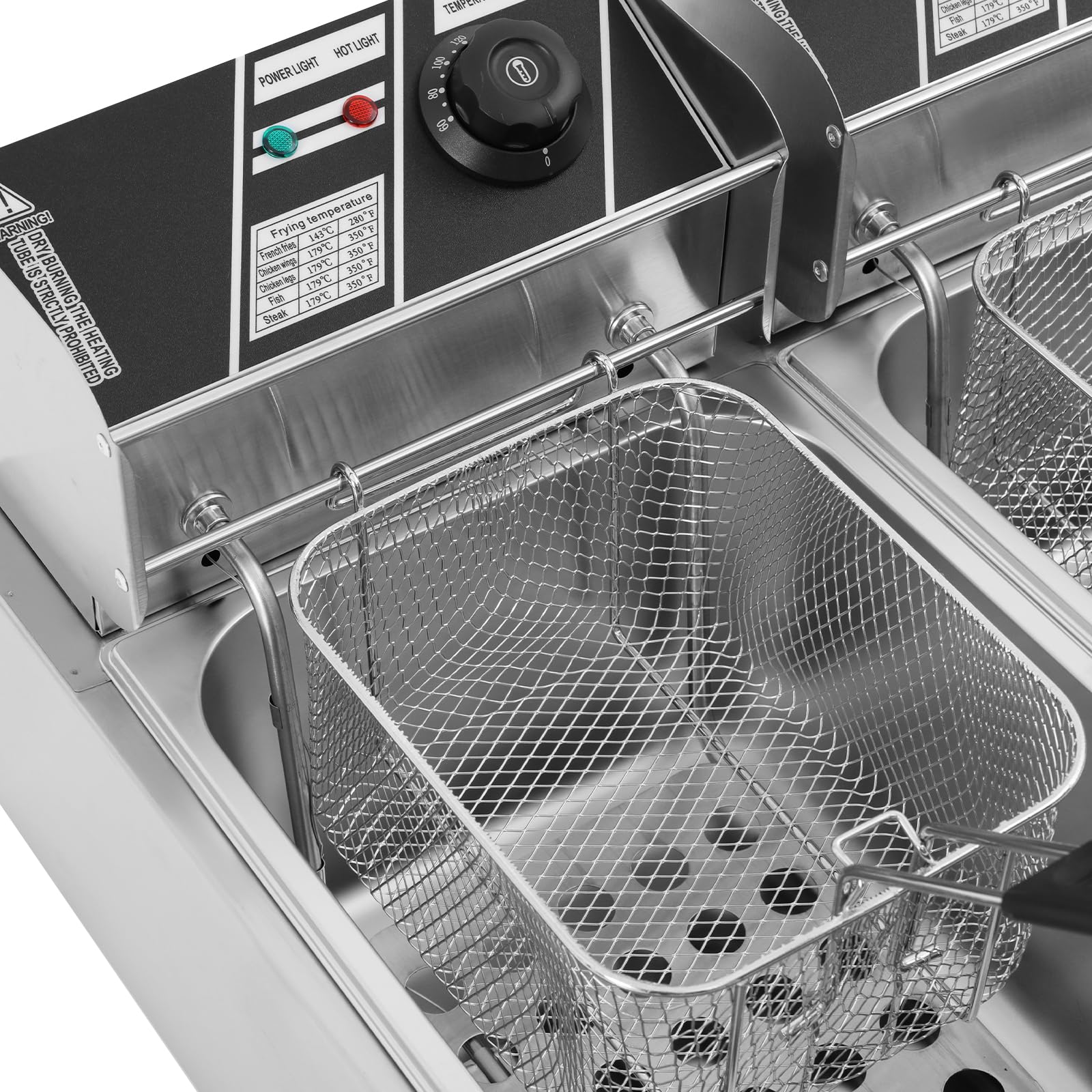 Friggitrice elettrica doppia in acciaio inox, 6+6L, 2,5 KW+2,5 KW, friggitrice commerciale a due contenitori con controllo indipendente della temperatura e 2 cesti filtranti, 55 x 44 x 15 cm
