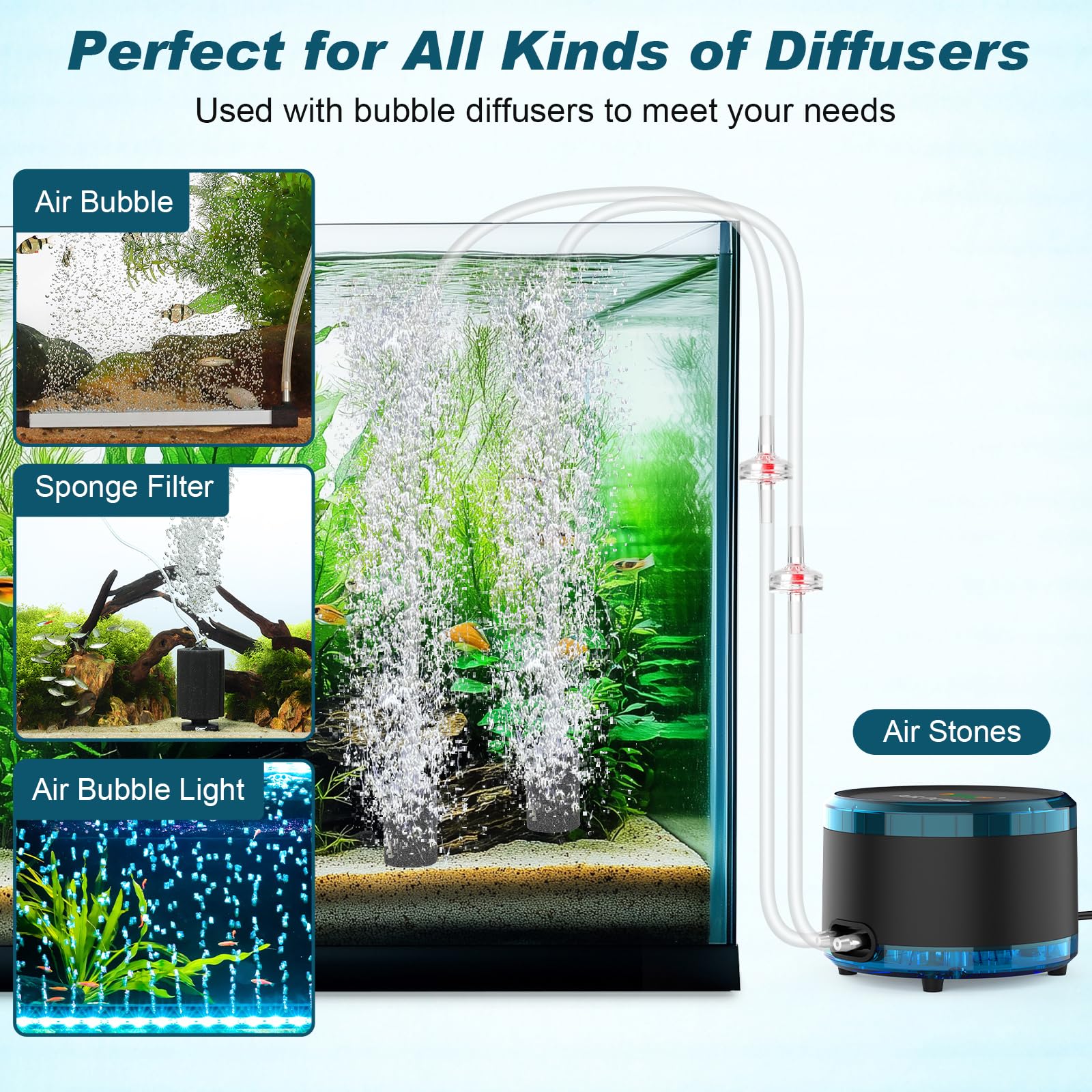 hygger Bomba Aire Acuario, 4W/8W Dual Outlet Powerful Fish Tank Oxygen Air Pump, Regulable Ossigenatore per Acquario Up to 450L/750L Aquariums