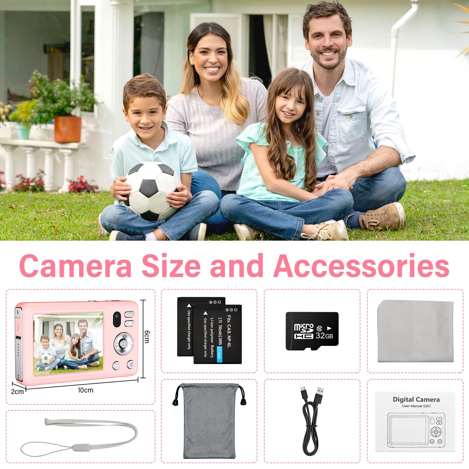 Macchina Fotografica Digitale 64MP 4K Fotocamera Digitale con Doppia Fotocamera, Zoom Digitale 16X, Macchina Digitale Compatta con Scheda da 32GB per Bambini Studenti Principianti (Rosa)