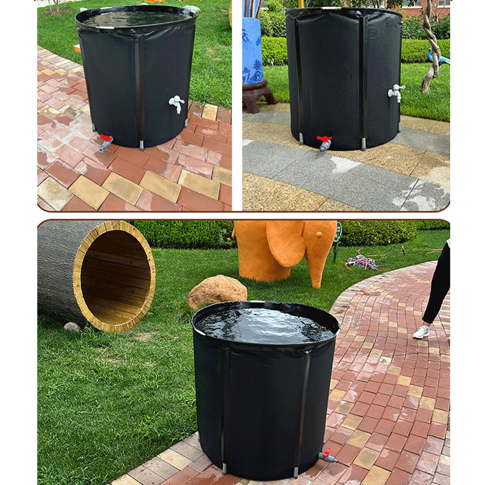 Depósito de almacenamiento de agua portátil plegable de PVC de 100 L con espiga, colector de agua de lluvia ideal para jardín al aire libre y uso en césped, color negro