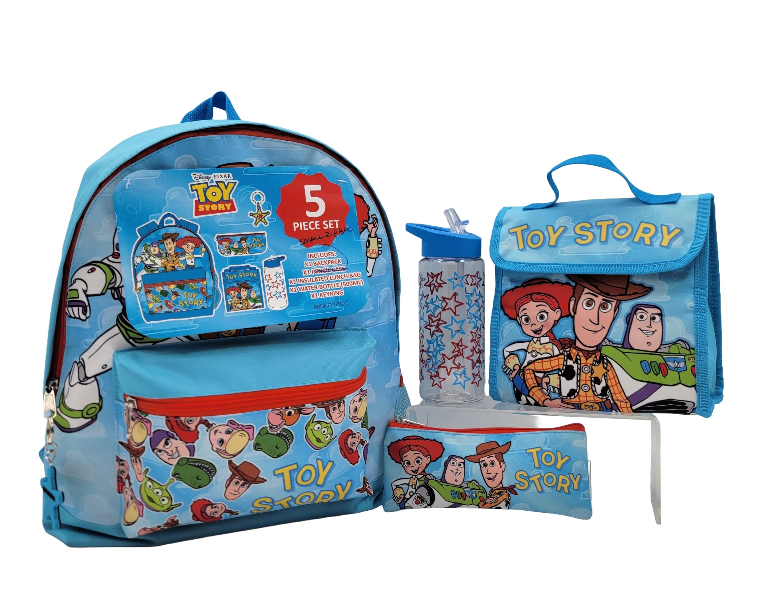 Disney Pixar Toy Story - Juego de mochila y bolsa de almuerzo para niños, juego de 5 piezas con mochila, bolsa de almuerzo aislada, estuche, botella de agua y llavero, Buzz Woody Jessie