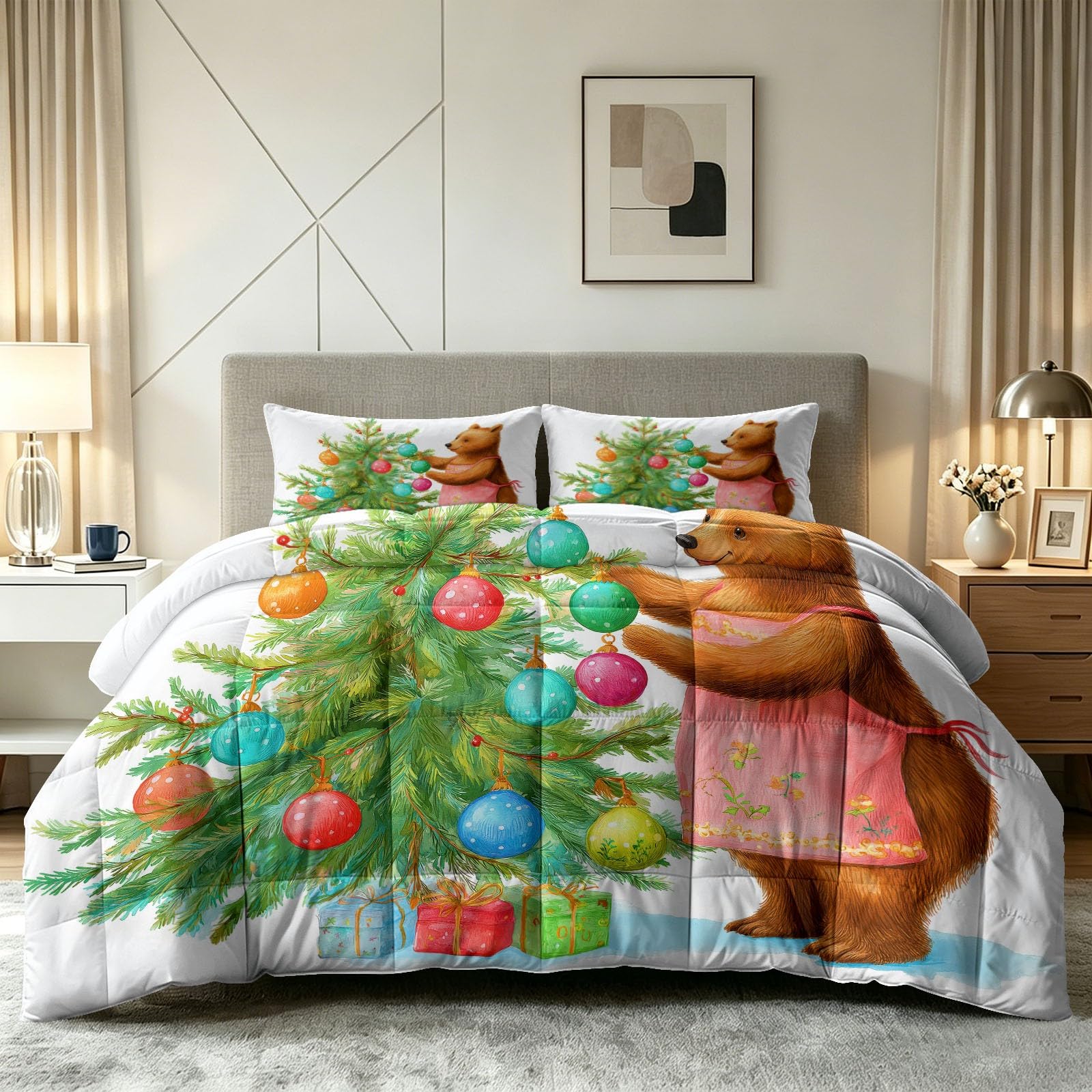 Sommerdecke ohne bezug 155x220 cm Weihnachtsstil Tiere Pflanzen Antiallergisch Leichtsteppbett & Ganzjahresdecke - Waschbar mit 2 Kissenbezügen Kiefer Baum Kugeln Bär Weiche und Atmungsaktive Wende