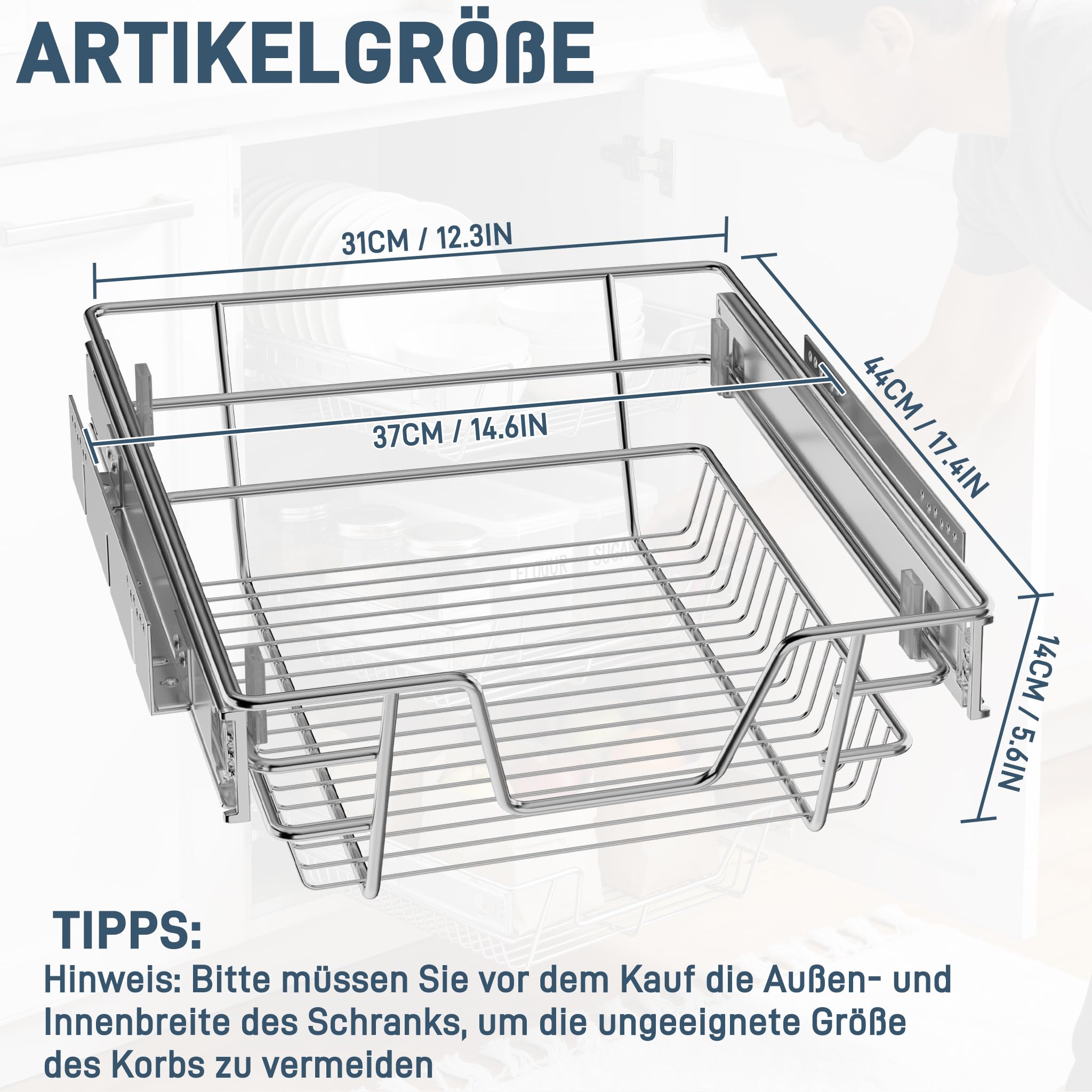 4er Küchenschublade für 40 cm Küchenschrank(Außen Breite),Mit Schienen Vollauszug Schublade,ideal als Schlafzimmerschublade,Schrank Organizer für Küche, Bad & Wohnzimmer -Silber