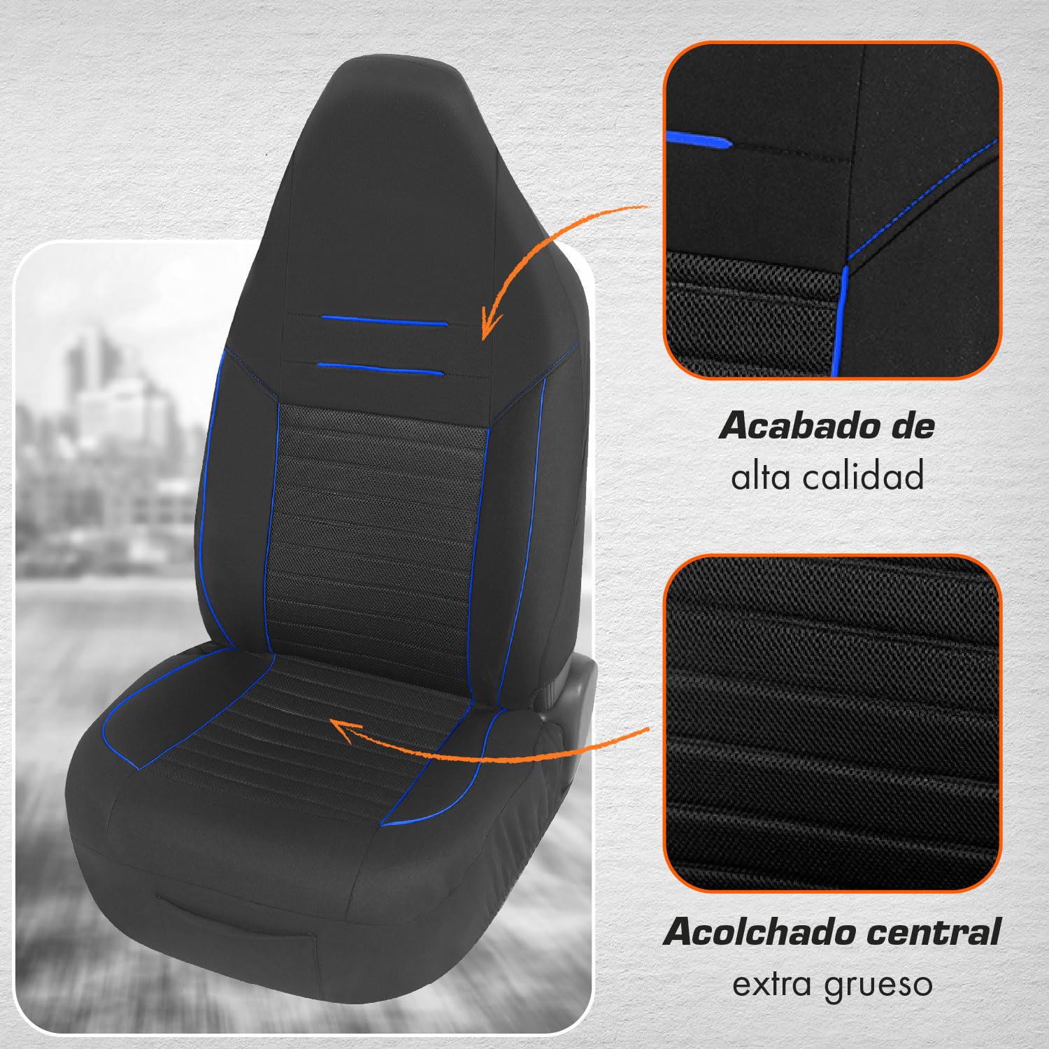 Upgrade4cars Fundas Asientos Coche con Reposacabezas Incorporado Universales Negro Azul | Cubre Universal | Protector de Asiento Delantero para Delantero y Trasero