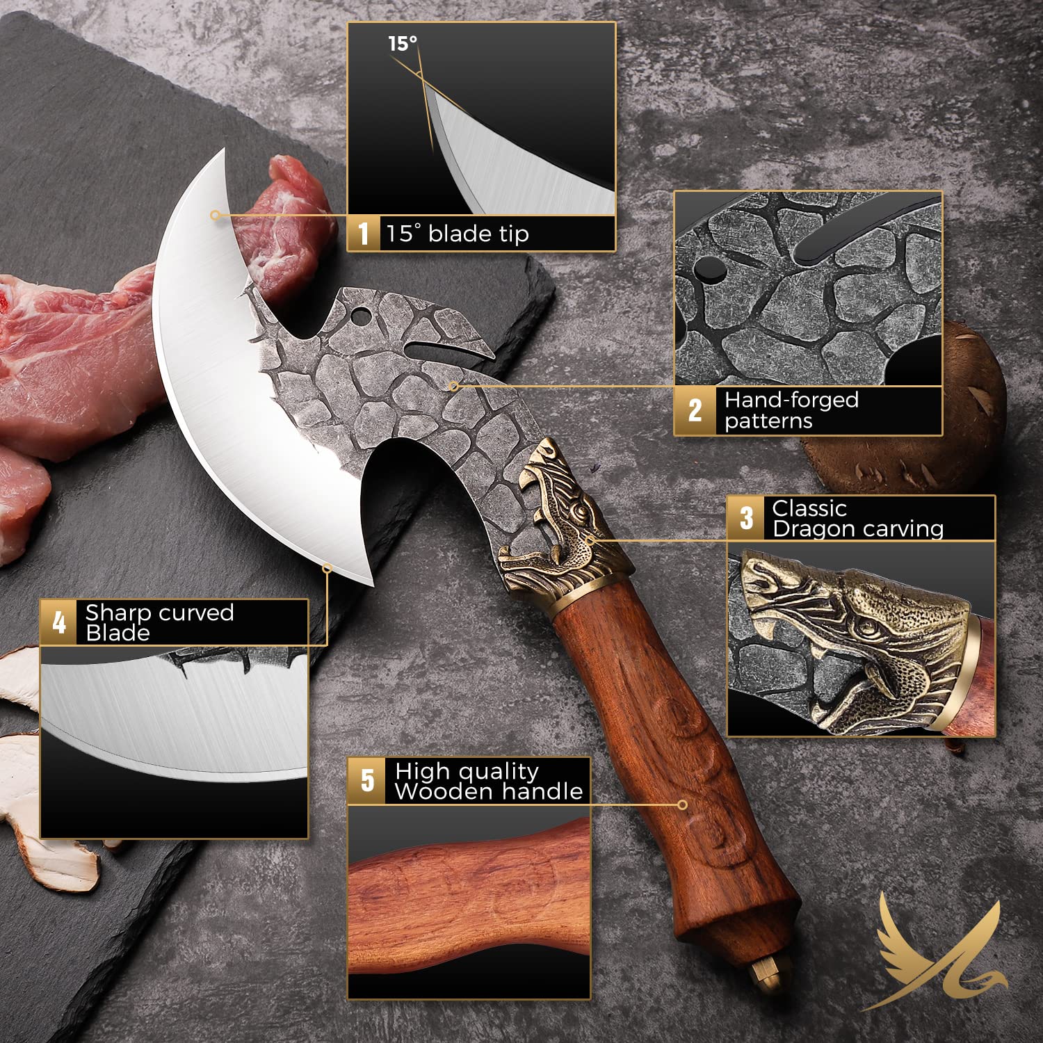 Golden Bird Cuchillo de deshuesar forjado a mano con funda de PU para BBQ Camping