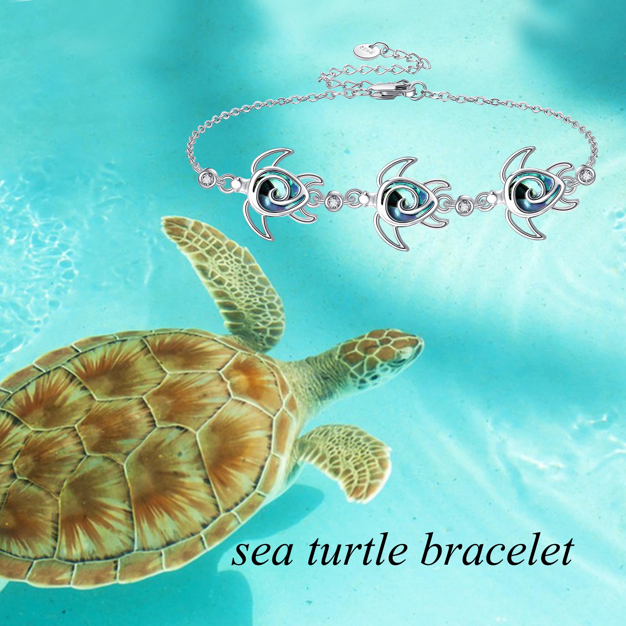 DAYLINLOVE Pulsera de tortuga de plata de ley 925, pulsera de playa, concha de abulón, pulseras de tortuga marina, joyería oceánica, regalos para mujeres amantes de las tortugas, 23 centimeters, Plata