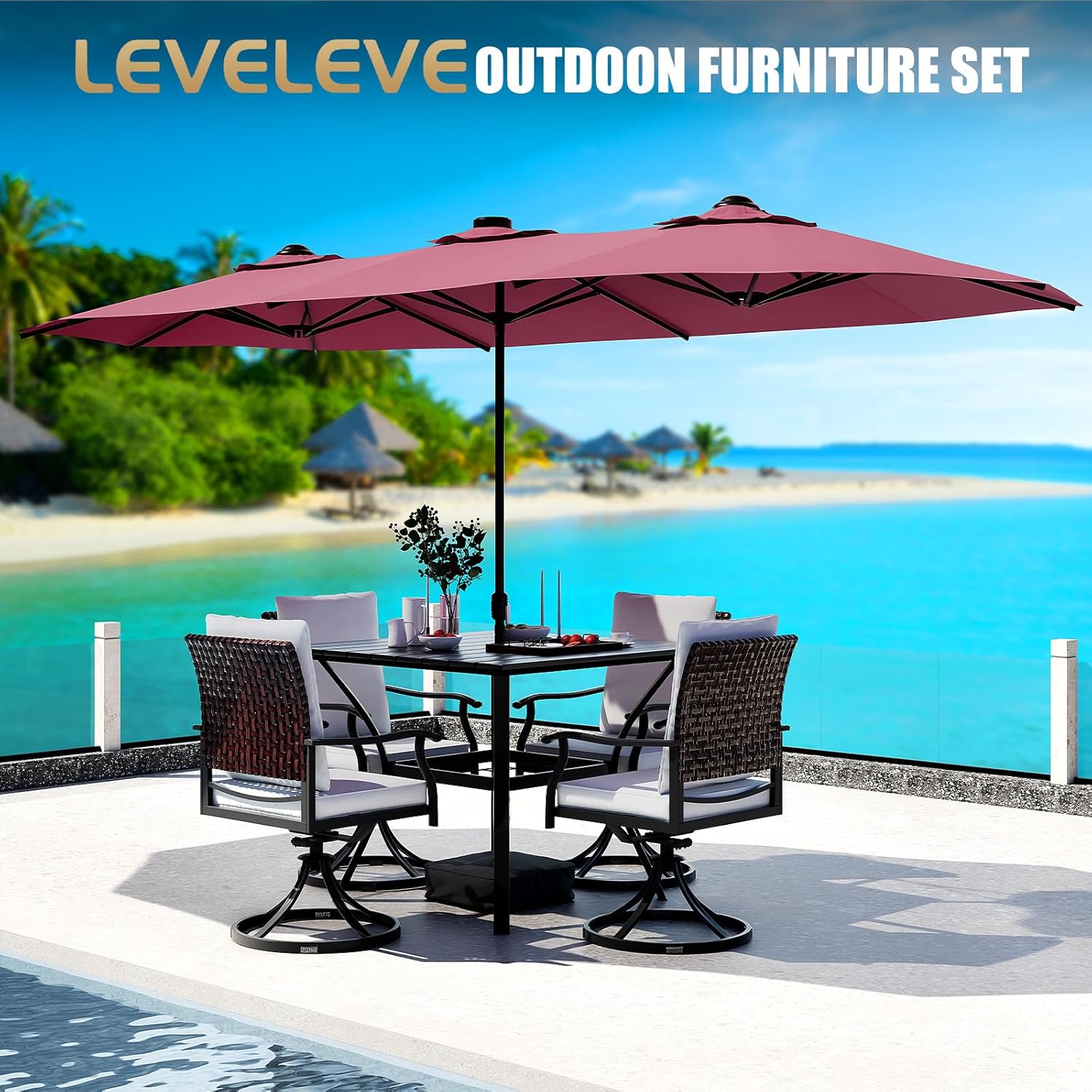 LEVELEVE 14FT Double-Sided Patio Umbrella with Base Included, Large Outdoor Rectangular Market Umbrella for Backyard, Poolside, Lawn & Garden,Red - Image 6