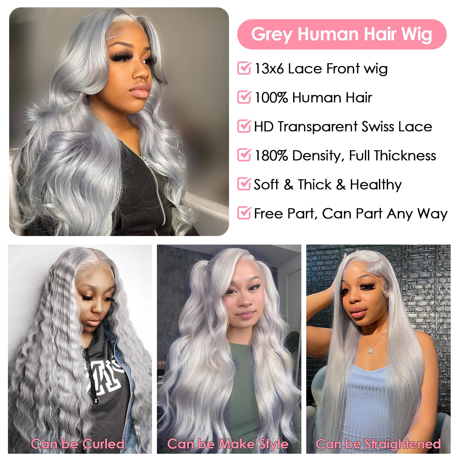 Grey Lace Front Wigs Human Hair Body Wave 13x6 Lace Front Wig for Women 200 Density Natural Hairline with Baby Hair (34Inch)