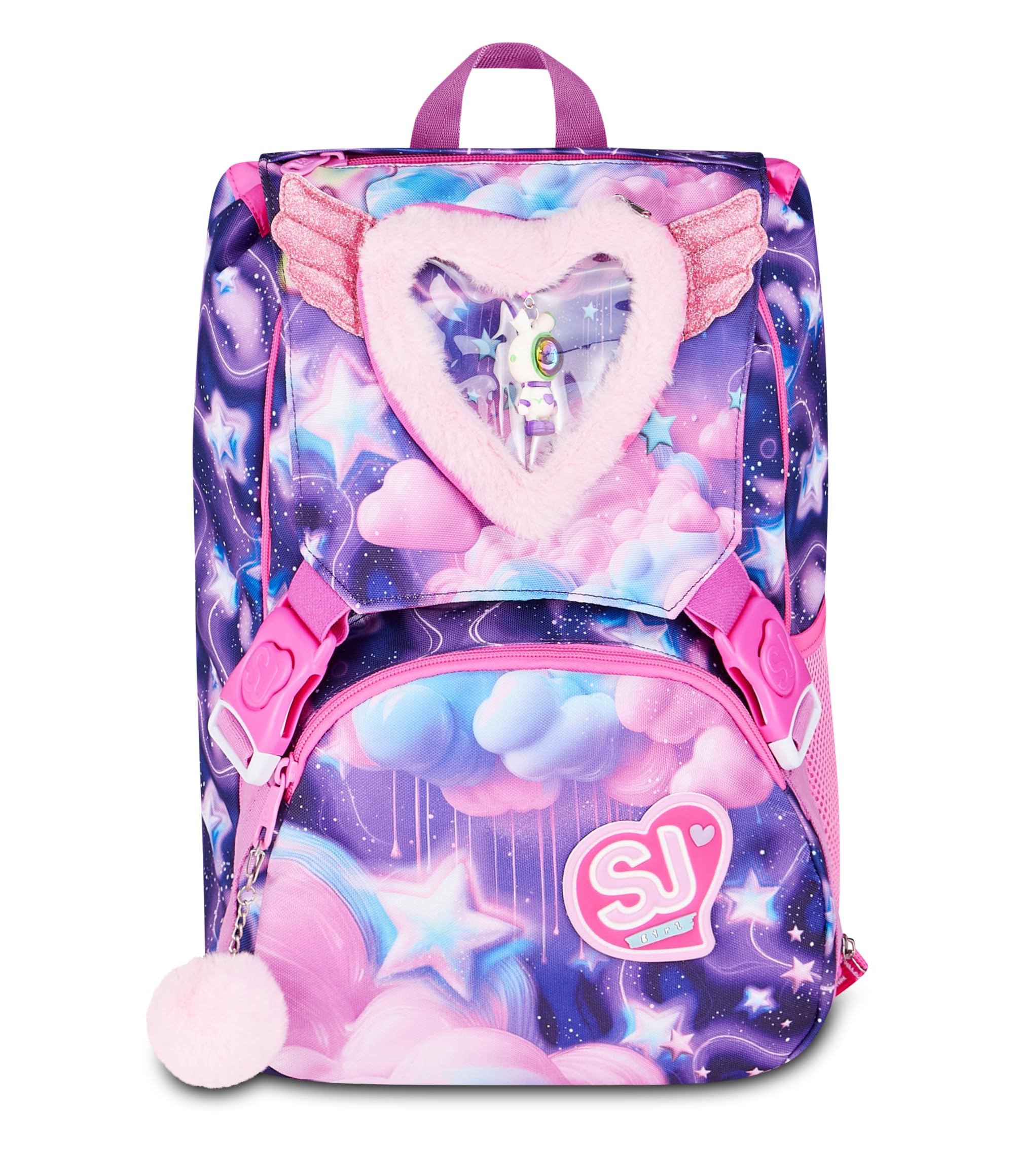 SJ GANG STYLE JAM GANG Zaino Scuola Estensibile Big FLUFFY PINK GIRL, Viola, 24 L, Zip laterali, Applicazioni pelose, Portachiavi astronauta, Tasca portaborraccia, Elementari e medie, Bambina, Ragazza