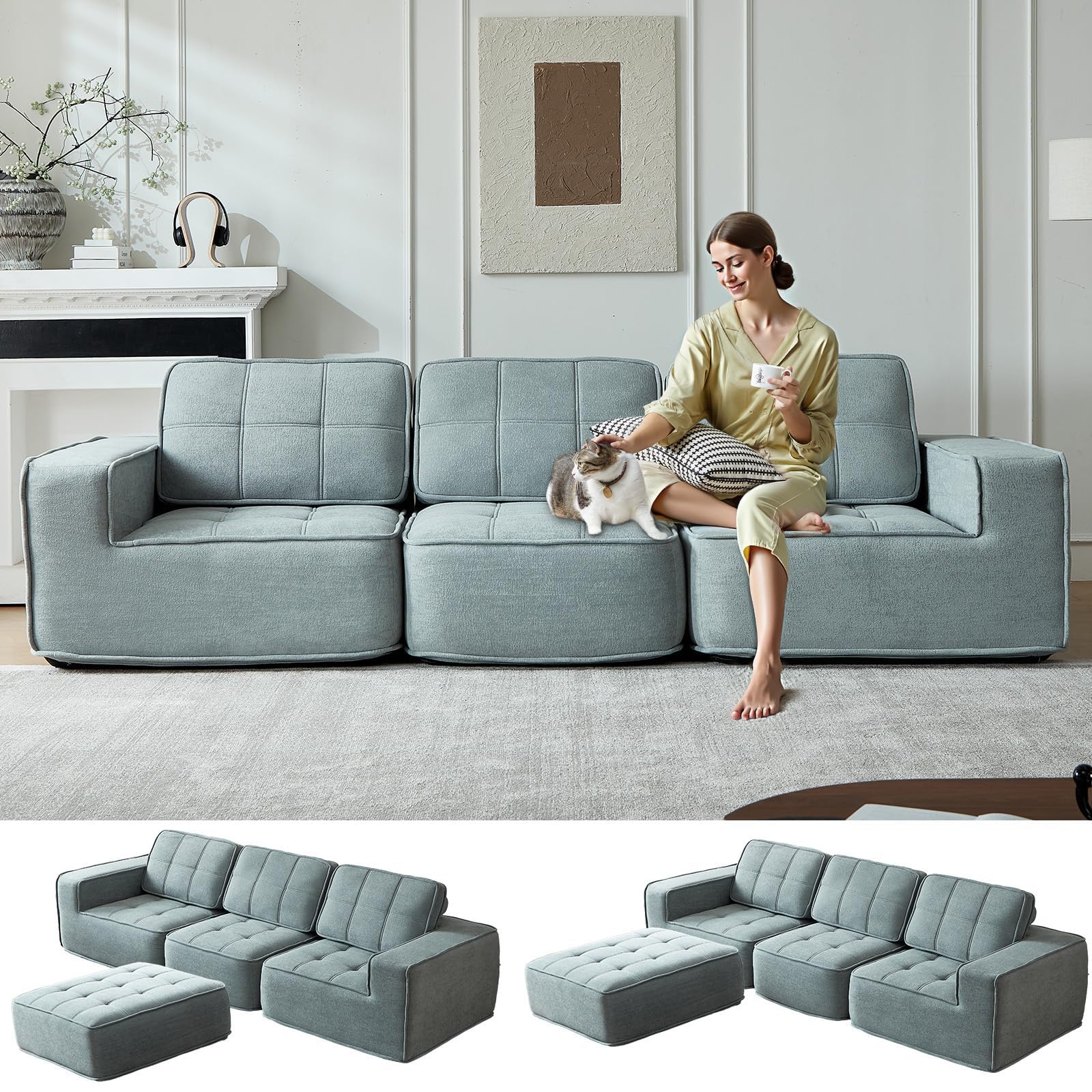 108" Boneless sectional Couch for Living Room,Convertible L-Shape Fleece Couches with Ottoman, Cloud Modular Sofa with Deep Seat for Bedroom, No