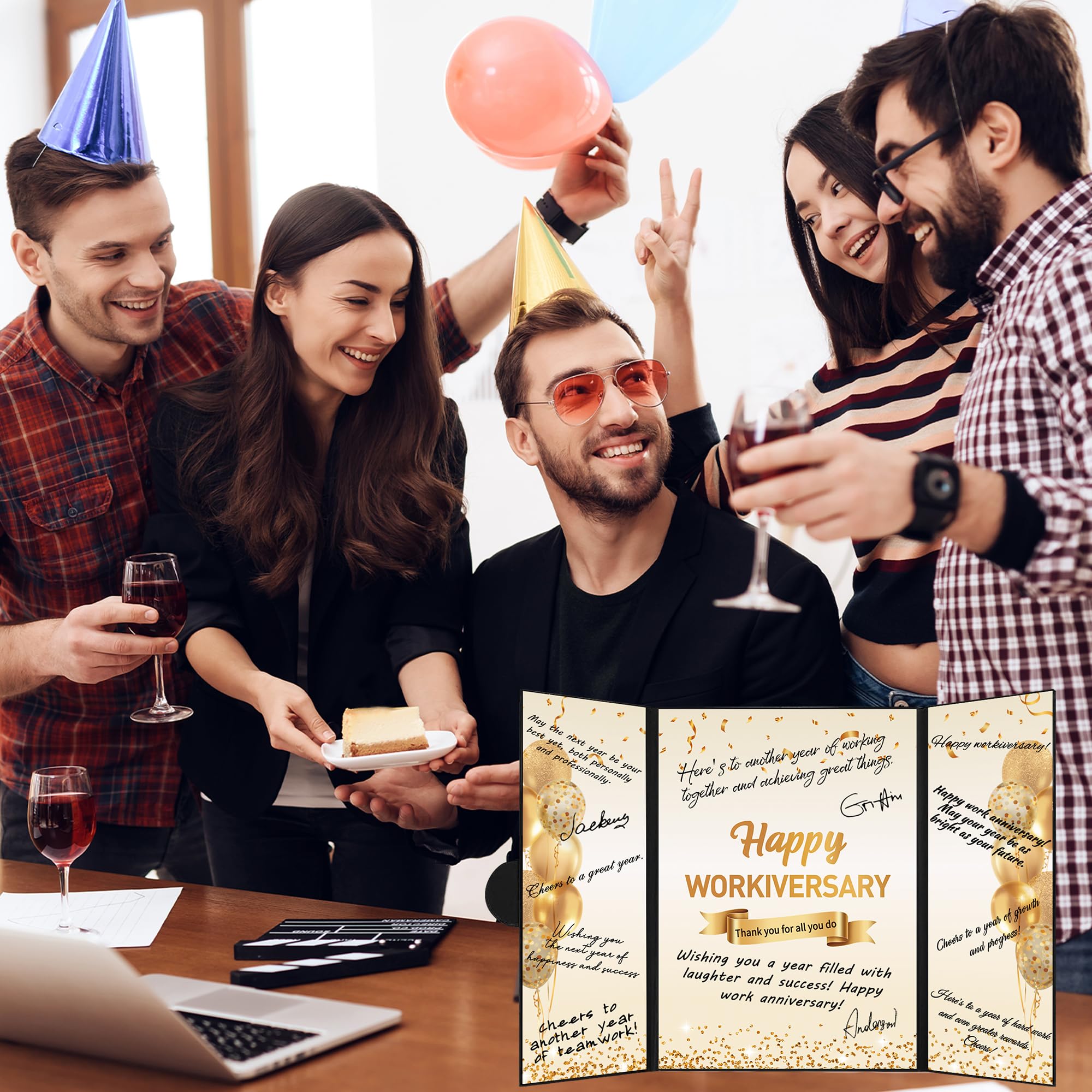 DARUNAXY Black Gold Happy Workiversary Party Decorations, Happy Work Anniversary Alternative Signature Guest Book for Men Women Employee Business Gifts Signing Card Board for Office Supplies