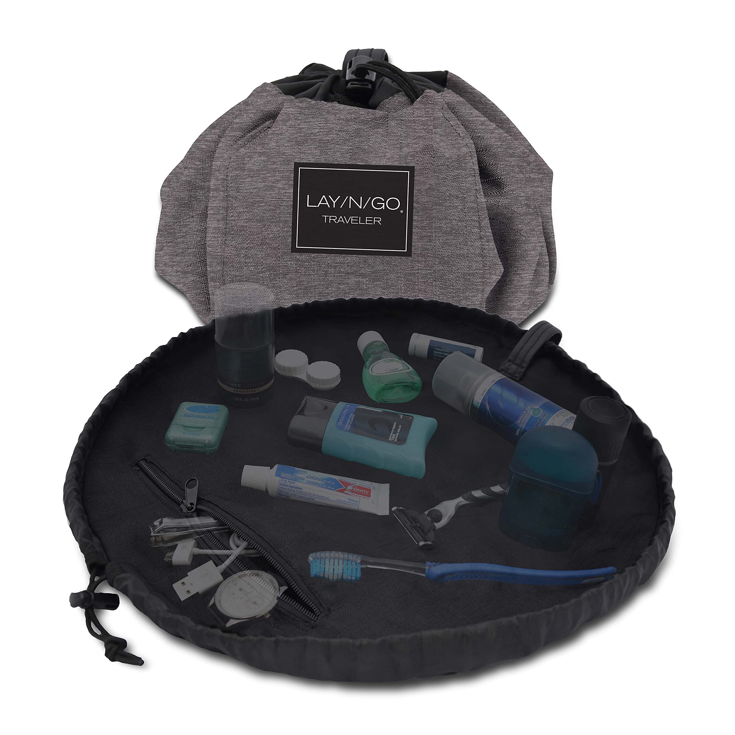 Lay-n-Go Drawstring Toiletry Bag - Water-Resistant 4-In-1 Lay Flat Toiletry Bag - Durable, Easy-To-Clean Travel - For Men & Women - Machine Washable & Compact (20", Grey)