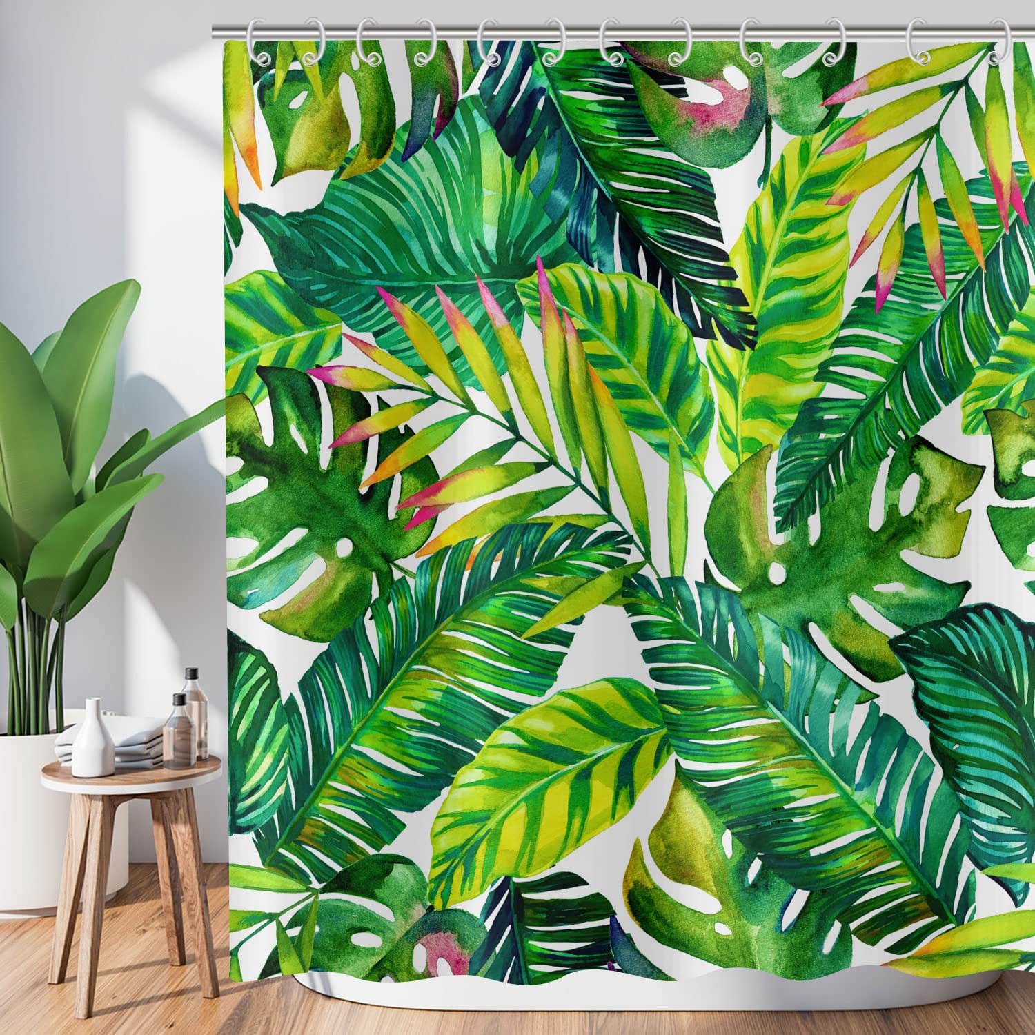 Hnmdmyi Tropical Leaf Shower Curtain 120x180, Green Banana Palm Leaves Shower Curtains Jungle Plant Botanical Bathroom Curtains Waterproof Polyester Fabric Washable Bath Curtains with Hooks