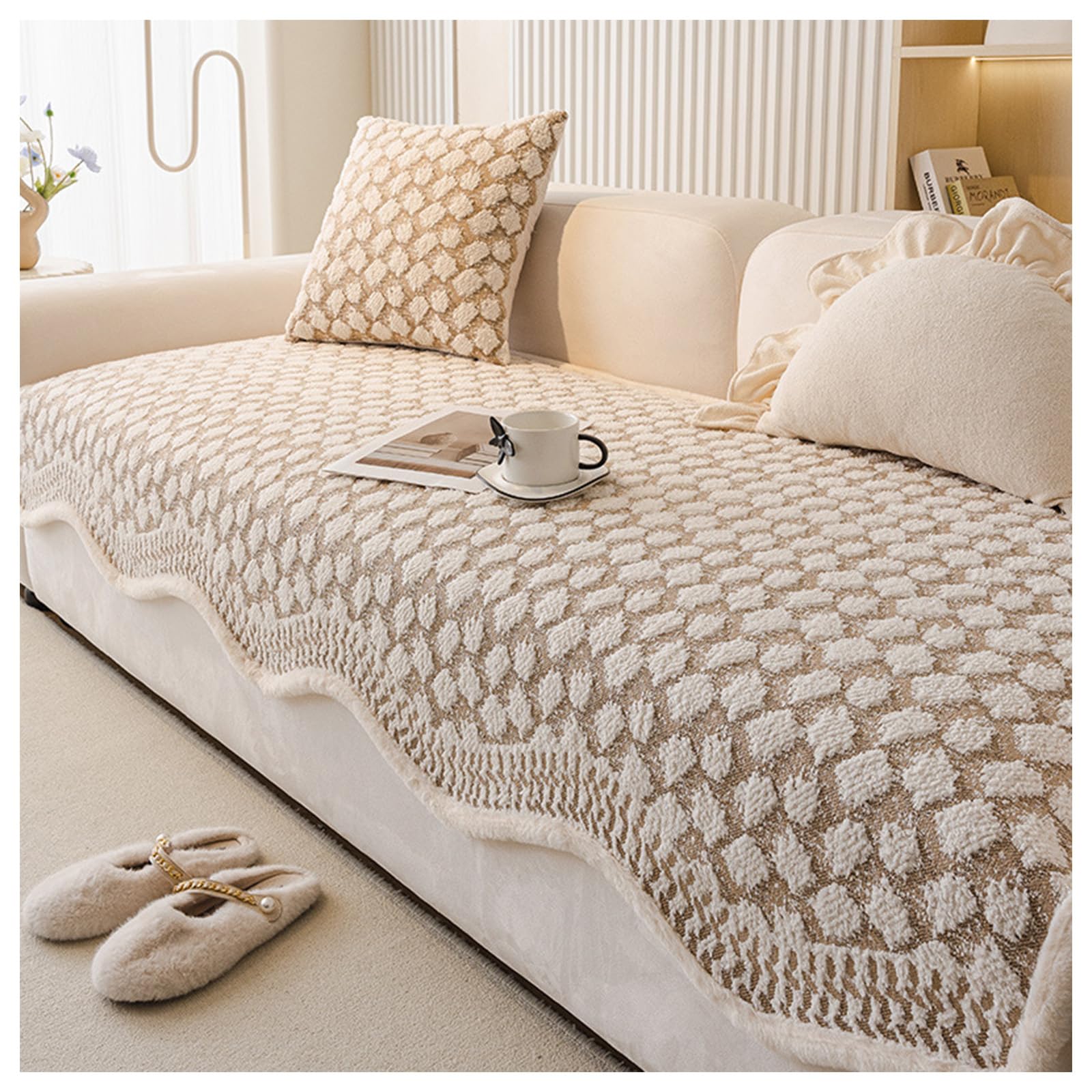 Vintage Classic Chenille Scratch Resistant Sofa Protective Couch Cover, Non Slip & Cat Scratch Design, Thick Plush sofa cover Irregular Shaped curve Couch Slipcover Washable (Beige,90 * 120cm)