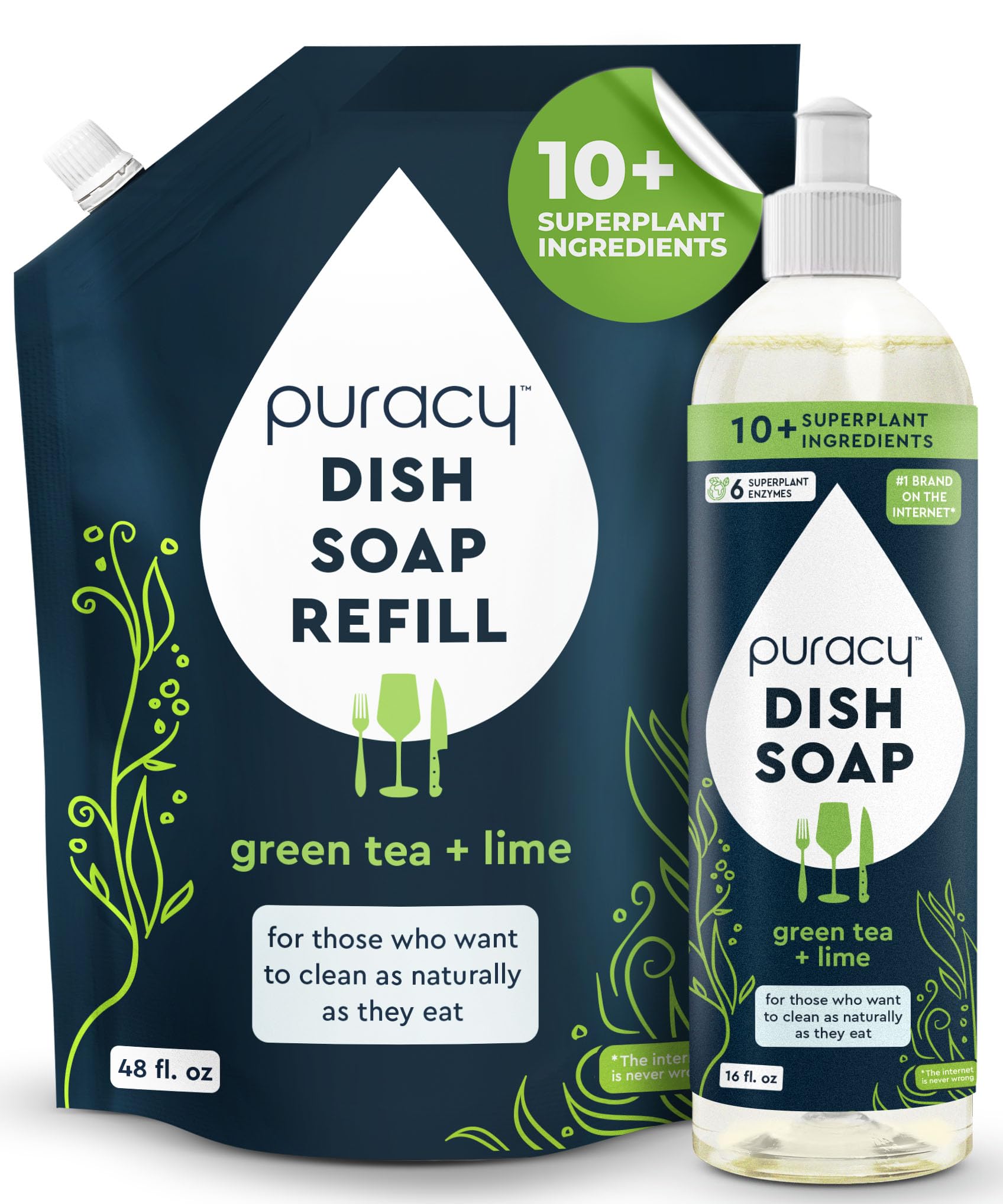 PuracyGel dish soap Refill and Bottle Packs - 1-Pack Liquid Dishwashing Detergent Refill (48oz) and Kitchen Soap Bottles (16oz) - Plant-Based Liquid, Green Tea & Lime.