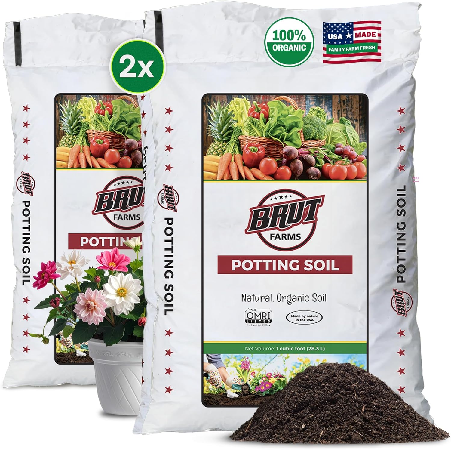 Brut Organic Potting Soil 1 CU FT – Premium Plant Soil with Organic Worm Castings, Trace Minerals & Perlite – Chemical-Free, Filler-Free – Ideal Potting Mix for Indoor & Outdoor Plants – Pack of 2