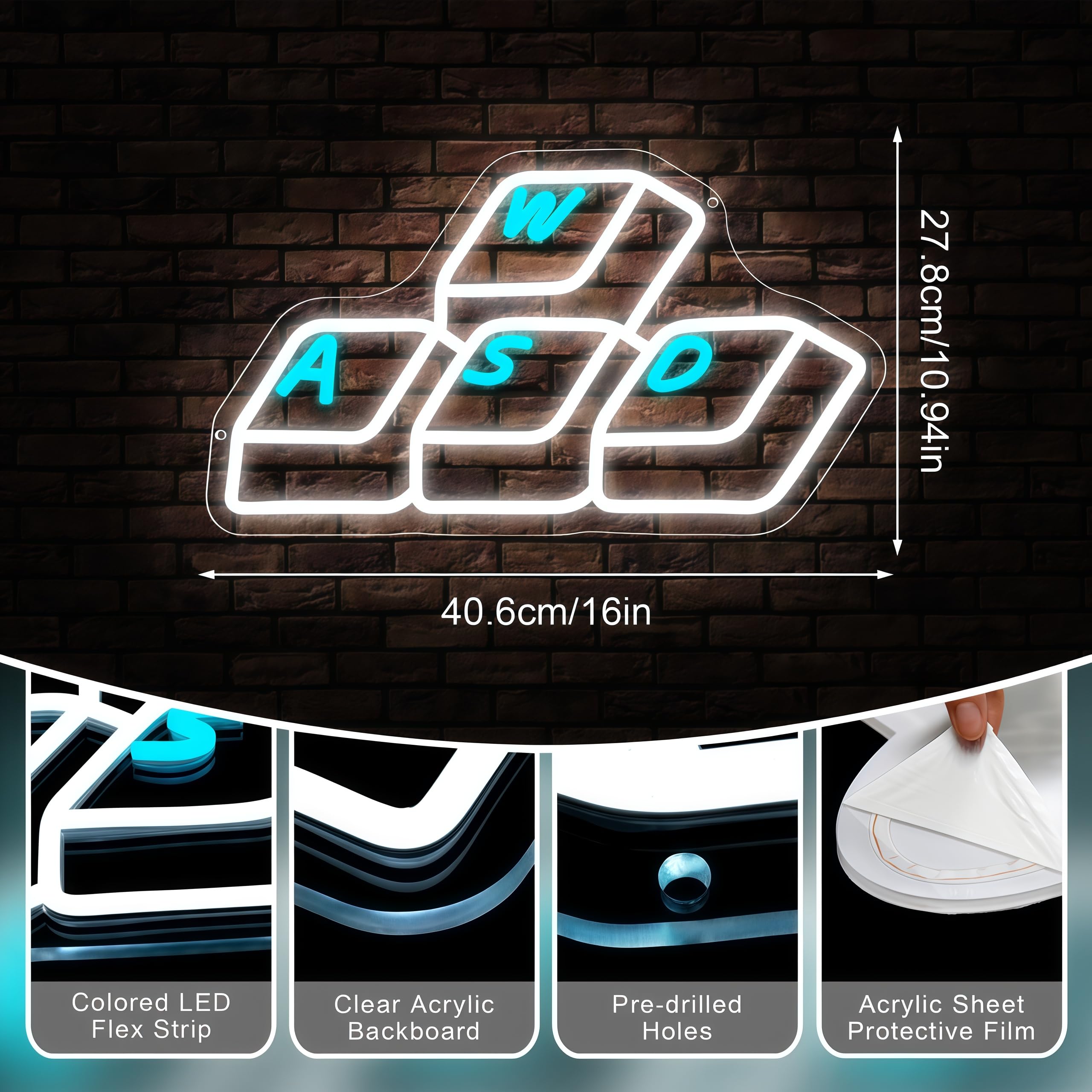 Decorazione da parete per videogiochi, insegna al neon con tastiera per decorazione da parete, accessori per videogiochi, alimentata tramite USB, dimmerabile, LED per stanza dei giochi per adolescenti