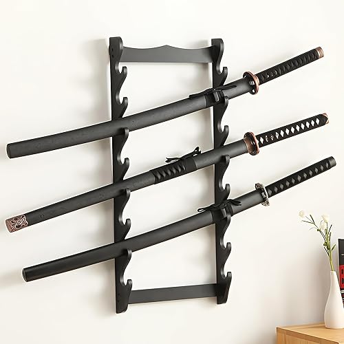 Soporte de pared para espada de 8 niveles, soporte para espada de exhibición negro samurái Katana para flauta Wakizashi, almacenamiento de cañas de