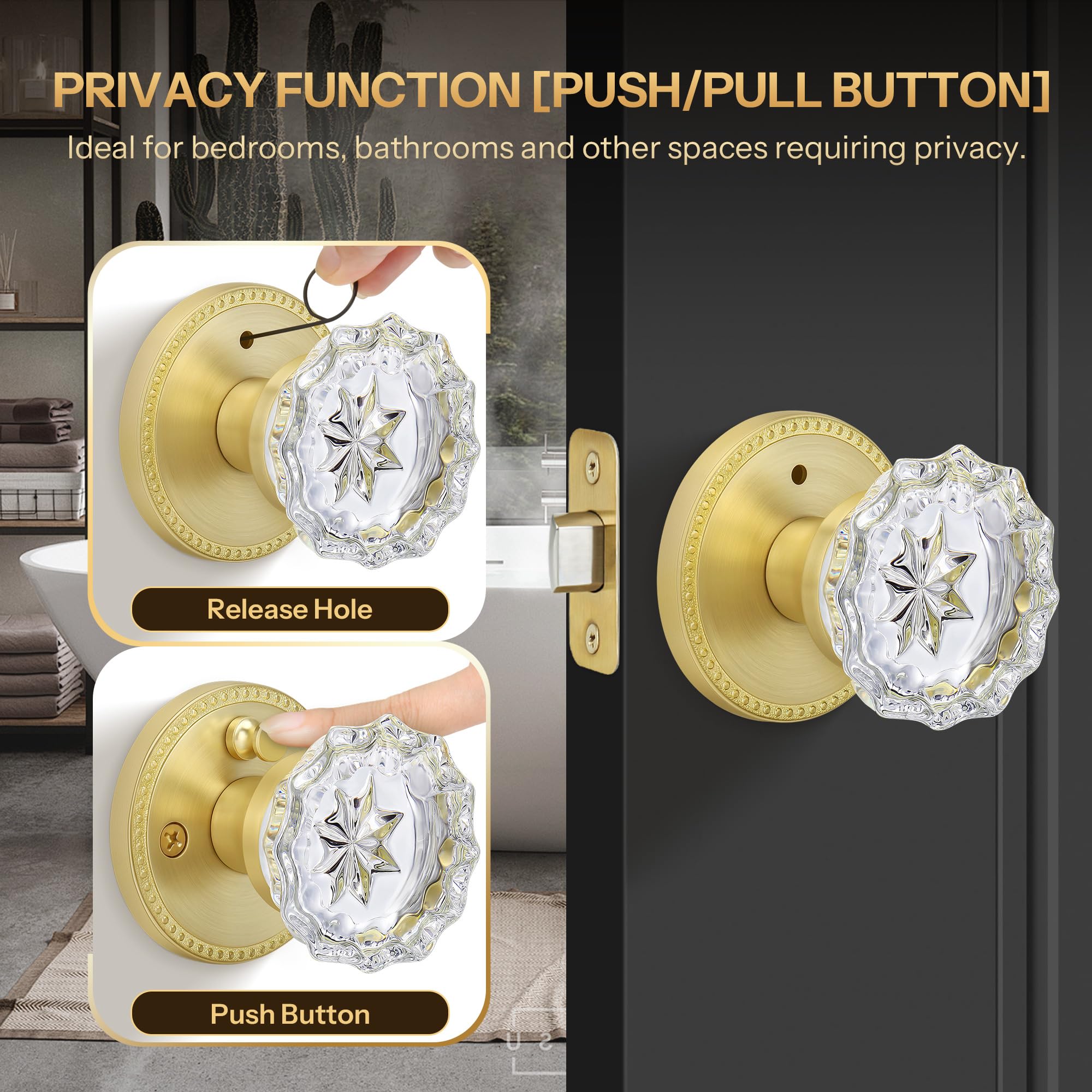 Vintage Crystal Door Knob - Satin Brass Privacy Lock -4