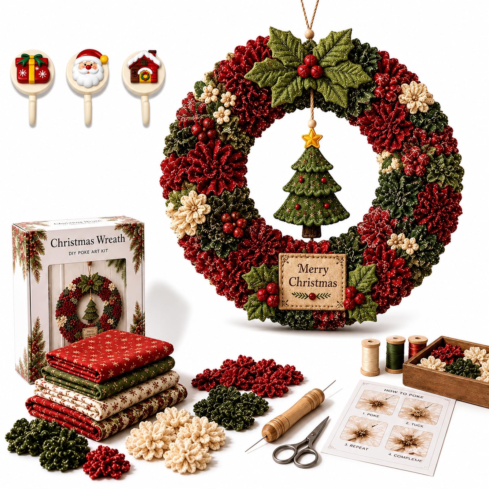 3D Christmas Fabric Poke Wreath Art Kit DIY With 3 Holiday Hooks