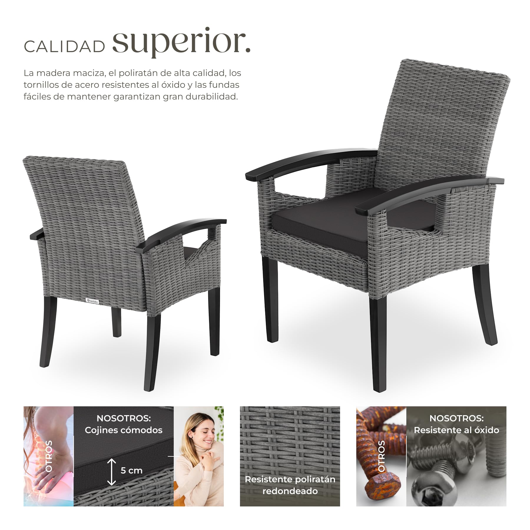 tectake® Silla de Ratán con Patas y Reposabrazos en Madera, Muebles Jardín Exterior Resistentes a la Intemperie, Silla para Conjunto Jardín Exterior, Cojín Lavable y Extraíble, Fácil Montaje - Gris