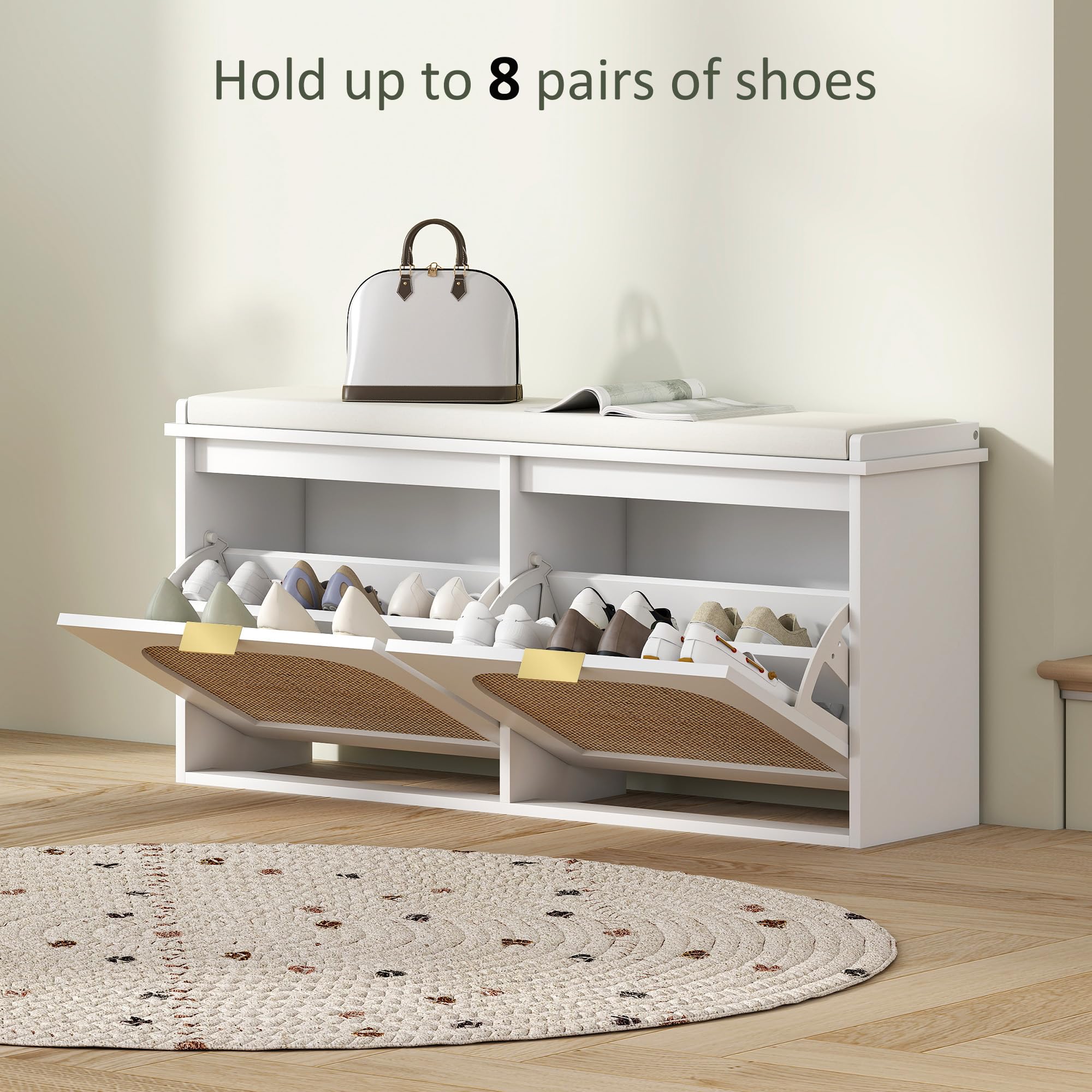 HOMCOM Banco estrecho para zapatos con asiento acolchado y 2 cajones abatibles, banco de almacenamiento de zapatos bohemio con puertas de ratán y estantes ajustables para pasillo, entrada, capacidad