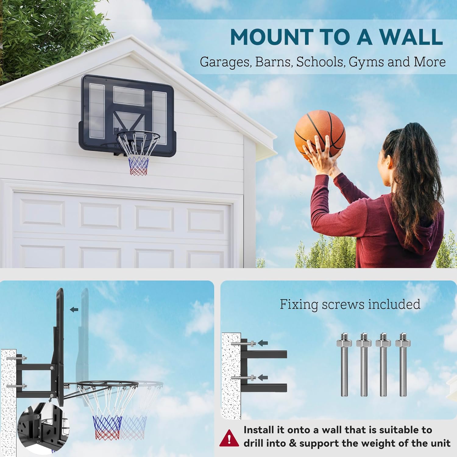 Soozier Wall Mounted Basketball Hoop, Reinforced Shatter Resistant 43" Backboard Basketball Goal Combo Kit with All Weather Net for Outdoor or Indoor Use
