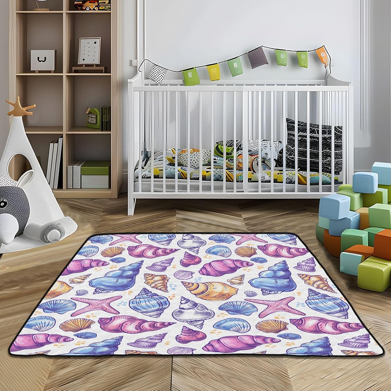 Baby Play Mat Pink Blue Shells Starfishs 50 x 50 Playpen Mats for Floor Play Gym Crawling Mat Non-Slip Cushioned Baby Playmat for Infants, Babies, Toddlers
