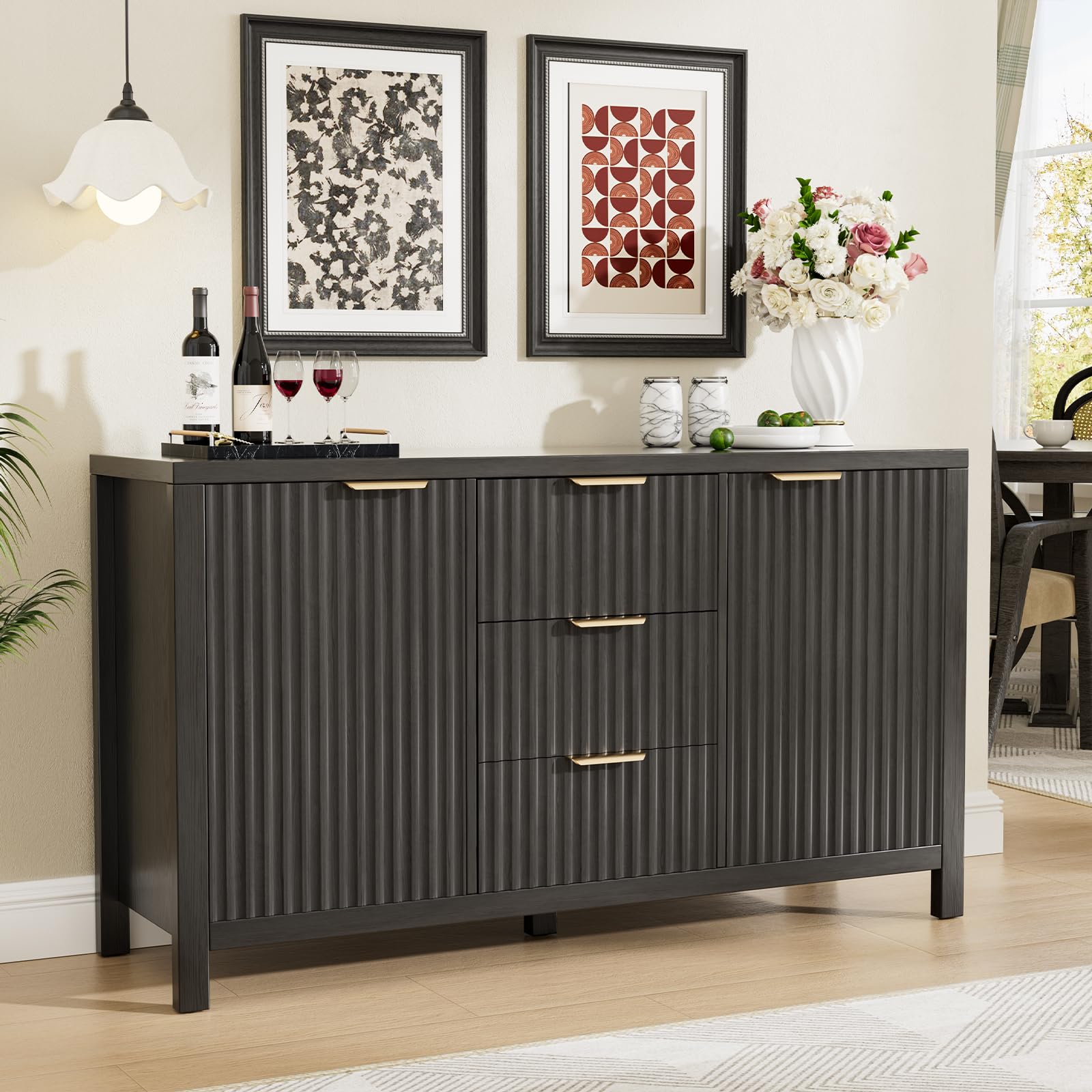 PPorfamilia Storage Cabinet Fluted Sideboard Buffet Cabinet with Storage with 2 Doors and 3 Drawers, 47" Modern Credenza with Adjustable Shelves,