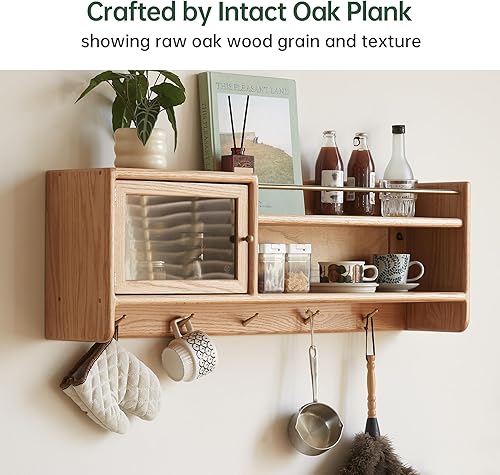 Miniatura 7 de Armario de pared 100% madera maciza, armario de pared de 39.4 pulgadas con puertas de vidrio templado y estantes ajustables y 5 ganchos, armario