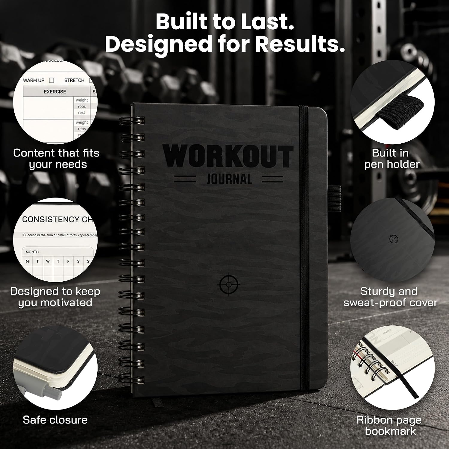 Prazoli 7-in-1 Workout Journal for Men, All-in-One Fitness Journal & Workout Log Book for Weight Lifting, Nutrition, Macros, Body Goals, Health, and Progress Tracking (Black Camo)