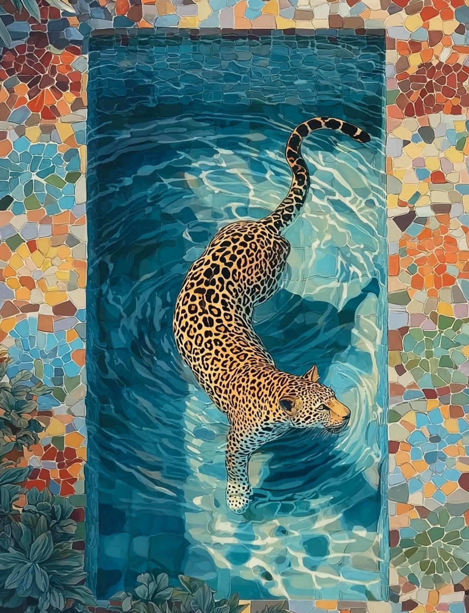 WANGWANGMIAO Paint by Numbers for Adults Beginner,Leopard Swimming Pool Acrylic Painting by Number Kits on Canvas for Home Wall Decor Gift 16x20 Inch，with Frame