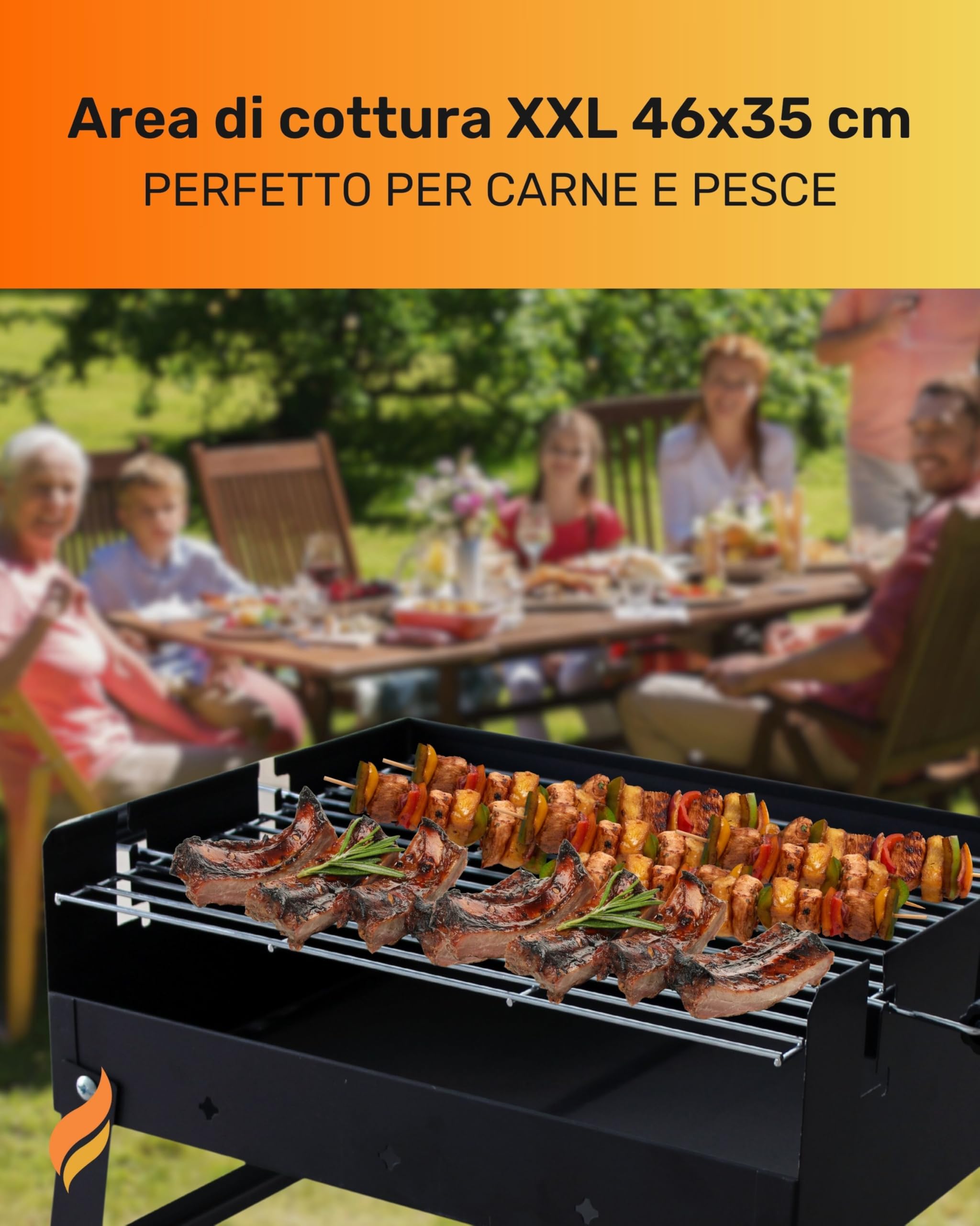 Barbecue Carbonella Portatile GMR Trading - Griglia Acciaio 45,5x35cm, Gambe Pieghevoli, Maniglie Laterali, Compatto per Tavolo, Balcone, Campeggio, BBQ da Esterno