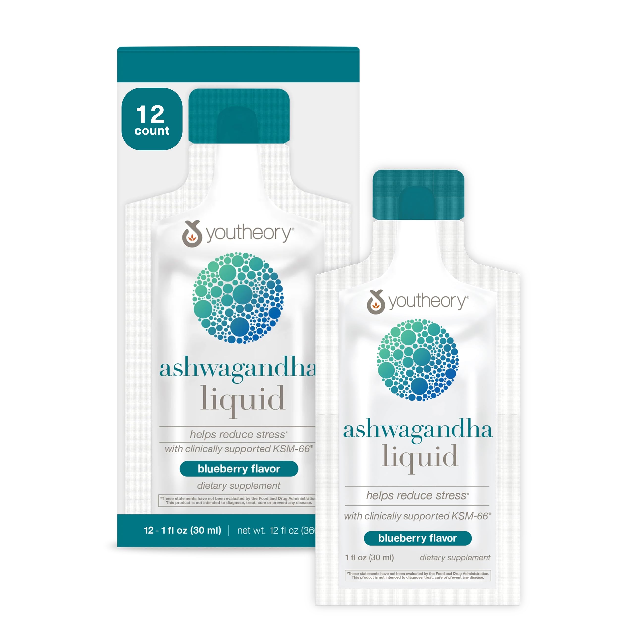 Youtheory Ashwagandha Liquid, Blueberry, 1 oz, Pack of 12, 12-Day Supply