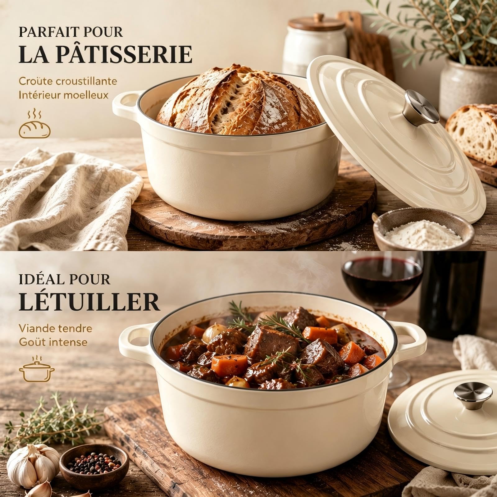 AHJ 4 Casseroles en Fonte Émaillée, Ensemble de cocottes avec poêle à Pain de 4,5 L, rôtissoire de 2,5 L, poêle à Griller de 1,2 L et Couvercle, antiadhésif, va au Four jusqu'à 260°C, Blanc