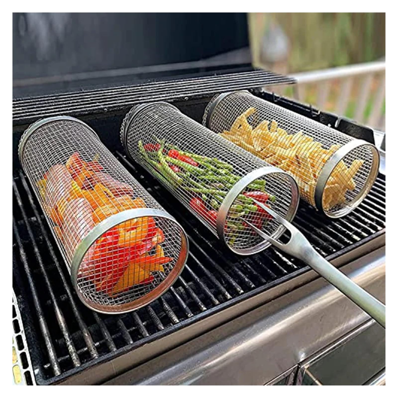 Klatka do grilla BBQ Największy kosz do grillowania Okrągły Cylinder ze stali nierdzewnej Grill Płonący pieczona siatka Campingowy stojak na grilla (Color : Oil Bottle x1)