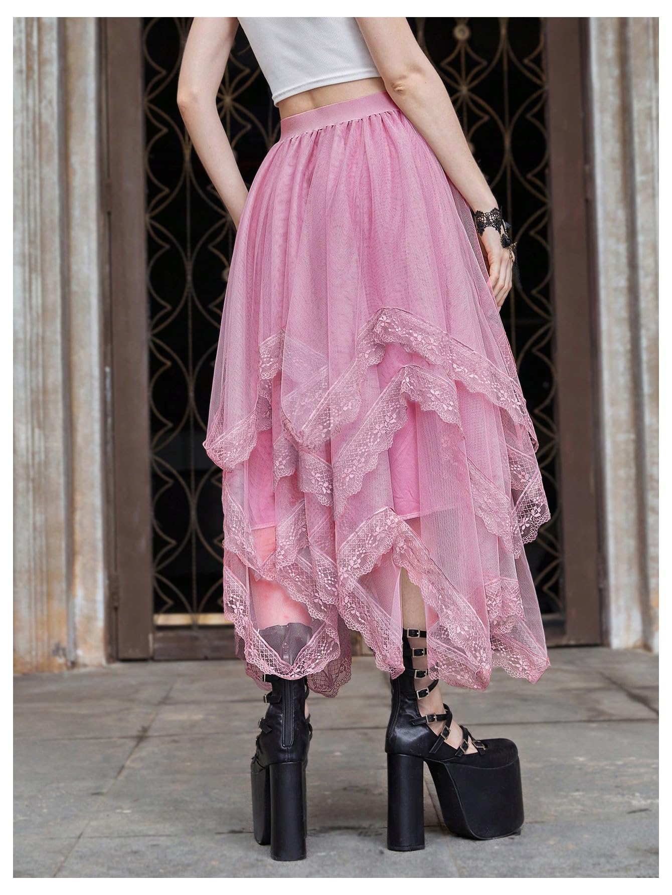 SHENHE Women's Lace Trim Layered Mesh Tulle Skirt High Waist Asymmetrical Long Goth Skirt: X-Small Light Pink