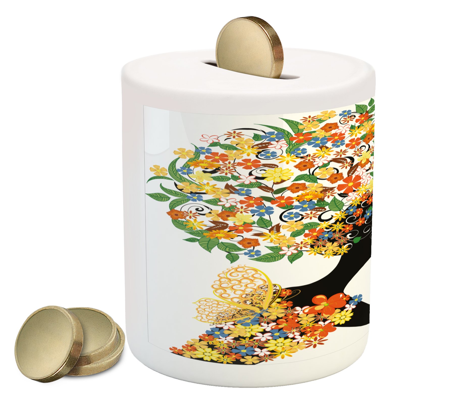 LunarableFloral Piggy Bank, Woman Silhouette with Hot Tea Cup Butterflies Wings Daisies Poppy Hibiscus Hairstyle, Printed Ceramic Coin Bank Money Box for Cash Saving, Multicolor