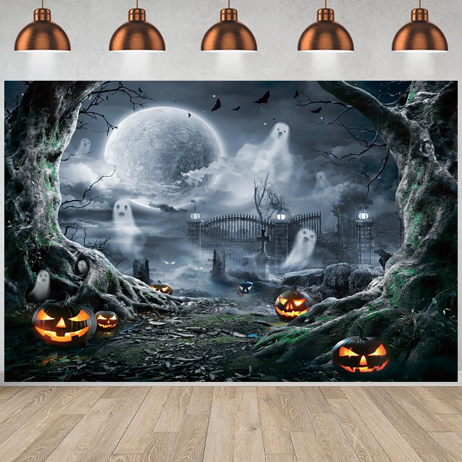 Halloween Cemetery Backdrop 15x8ft - Haunted House Photography Background With Full Moon