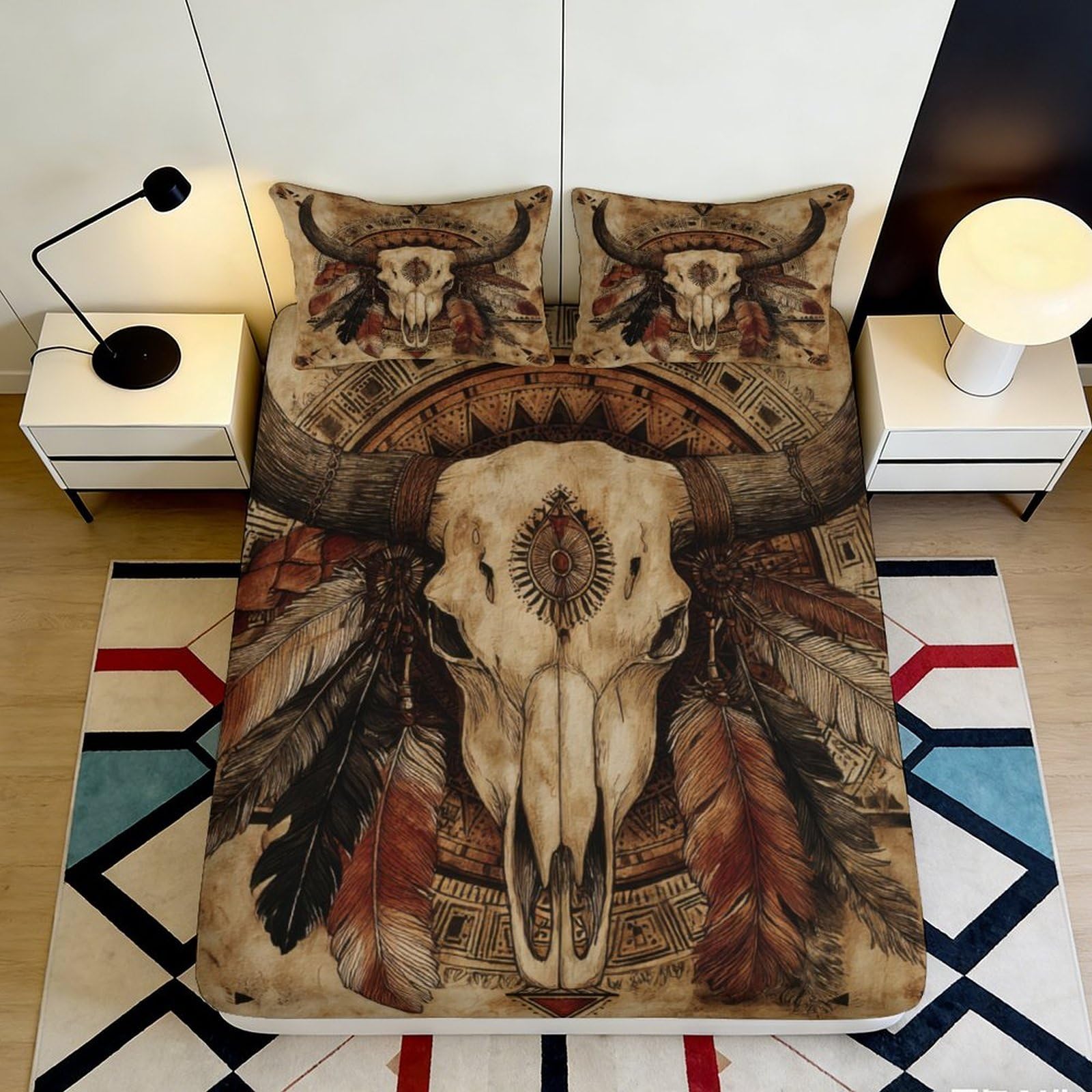 3D Printed Bull Skull Fitted Sheet Microfiber Soft Western Feather Bed Cover for Bedroom Dorm Mattress Decor 90x200x25cm