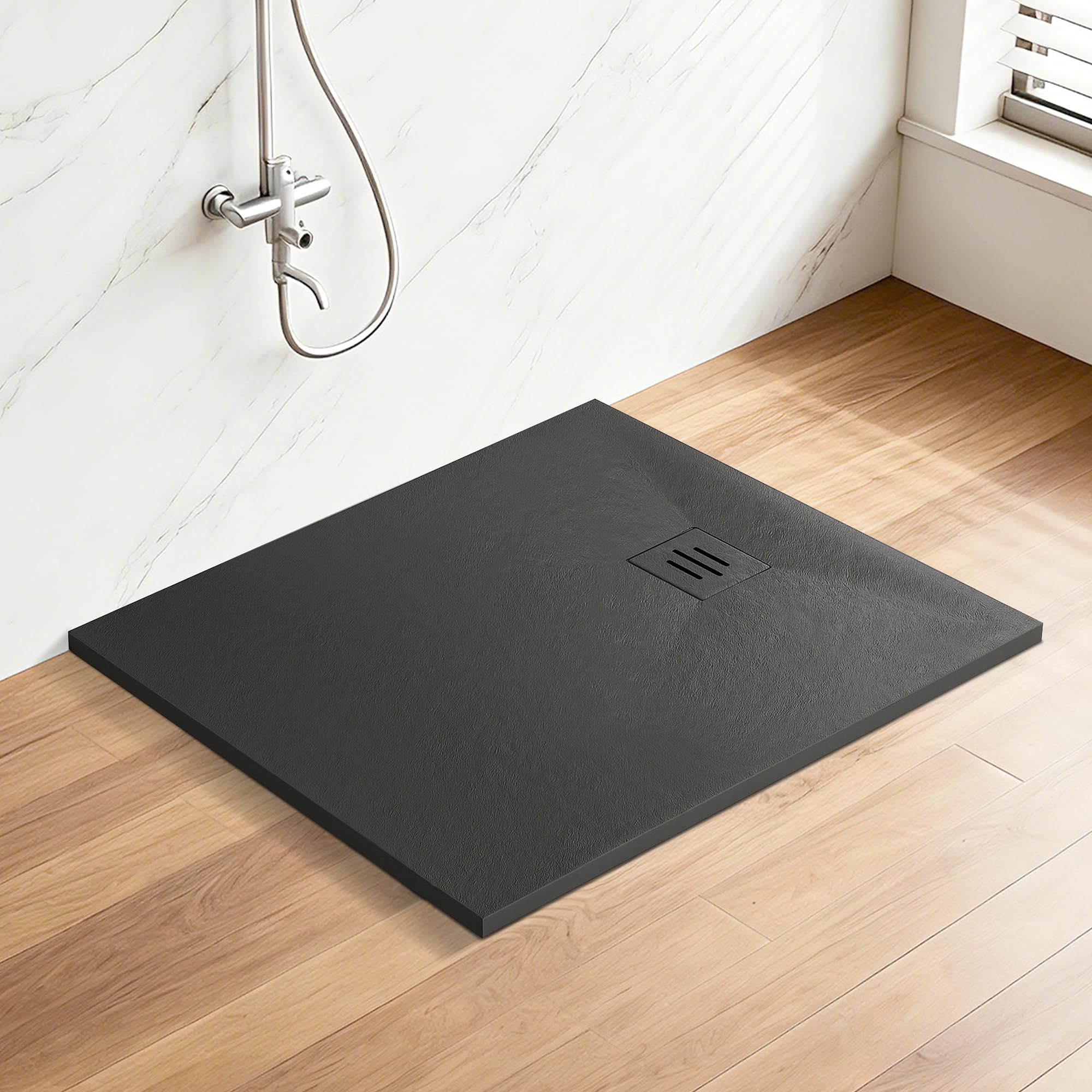 SMC Shower Trays Base Slate Stone Effect Textured Non Slip Slimline Rectangular Slip-Resistant Bathroom Shower Tray with 90mm Waste Trap, 300kg Capacity, 1200 x 900 mm, Black