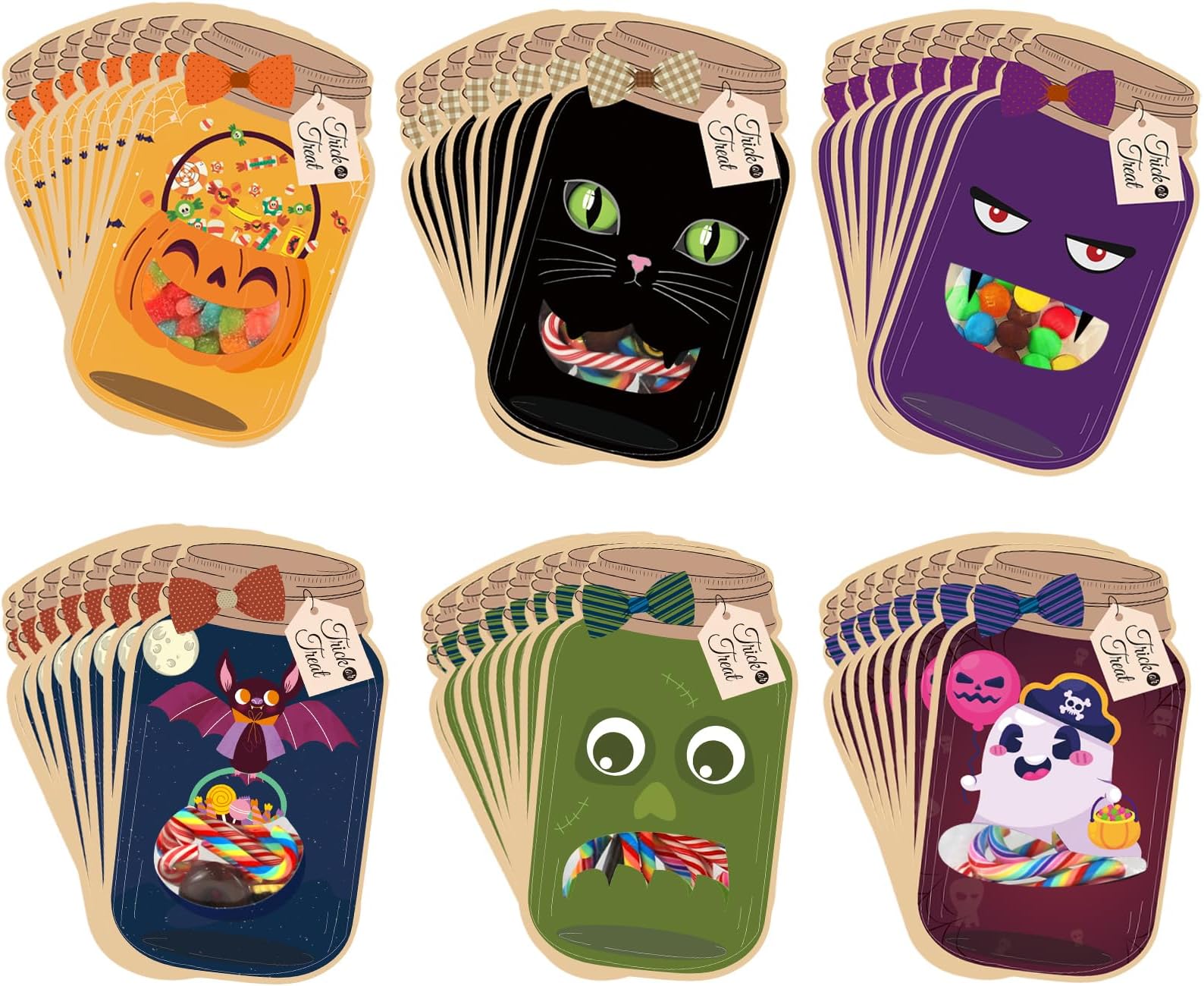OPELETNNTHalloween Treat Bags - 48 Set Halloween Cards Candy Bags - Funny Trick or Treat Bags - Halloween Party Favor for Trunk or Treat