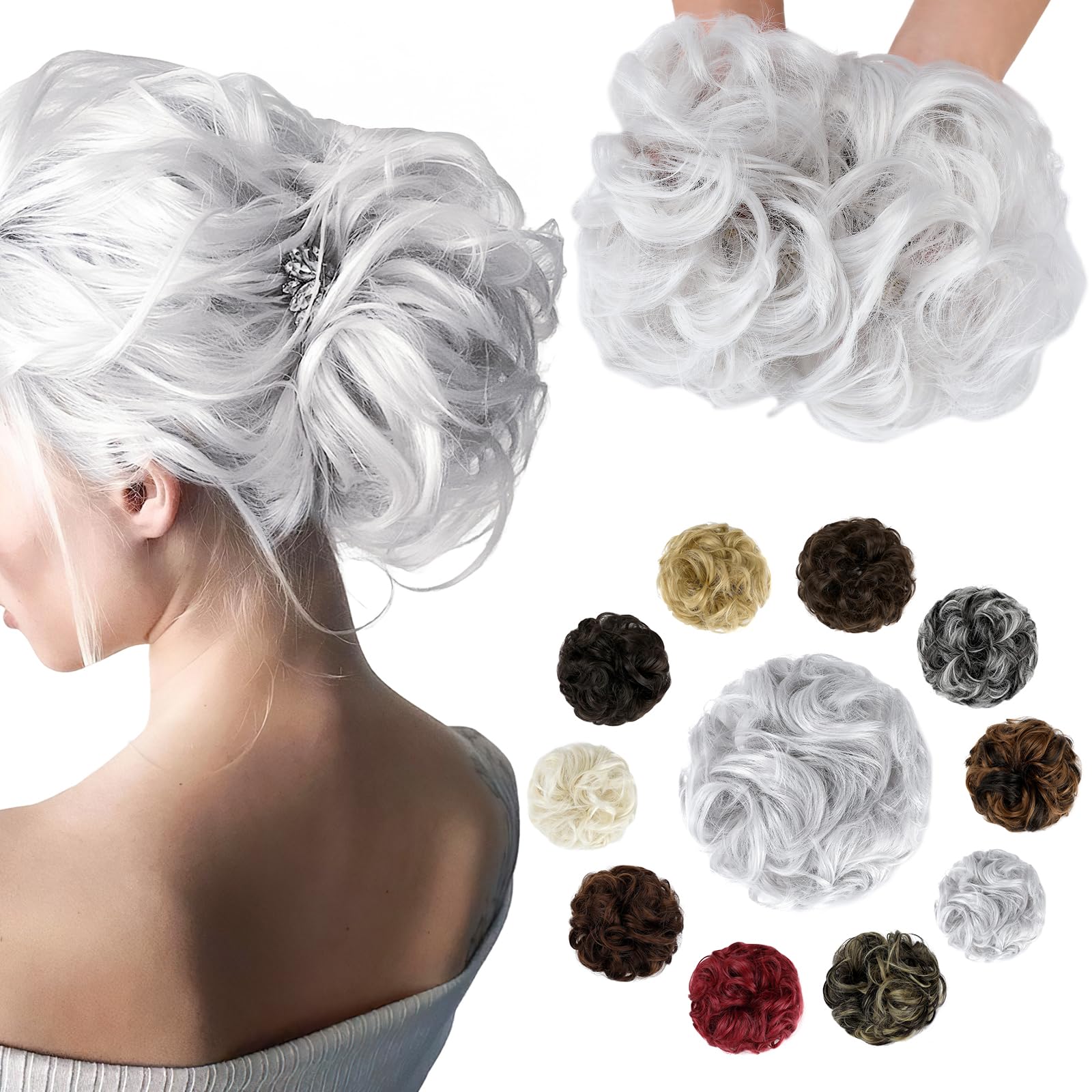 Soulwigger Messy Bun Hair Piece Wavy Curly Scrunchies Fluffy Donut Thick Updo Elegant Chignon Hairpieces for Women Girls, Silver Grey 1.4oz