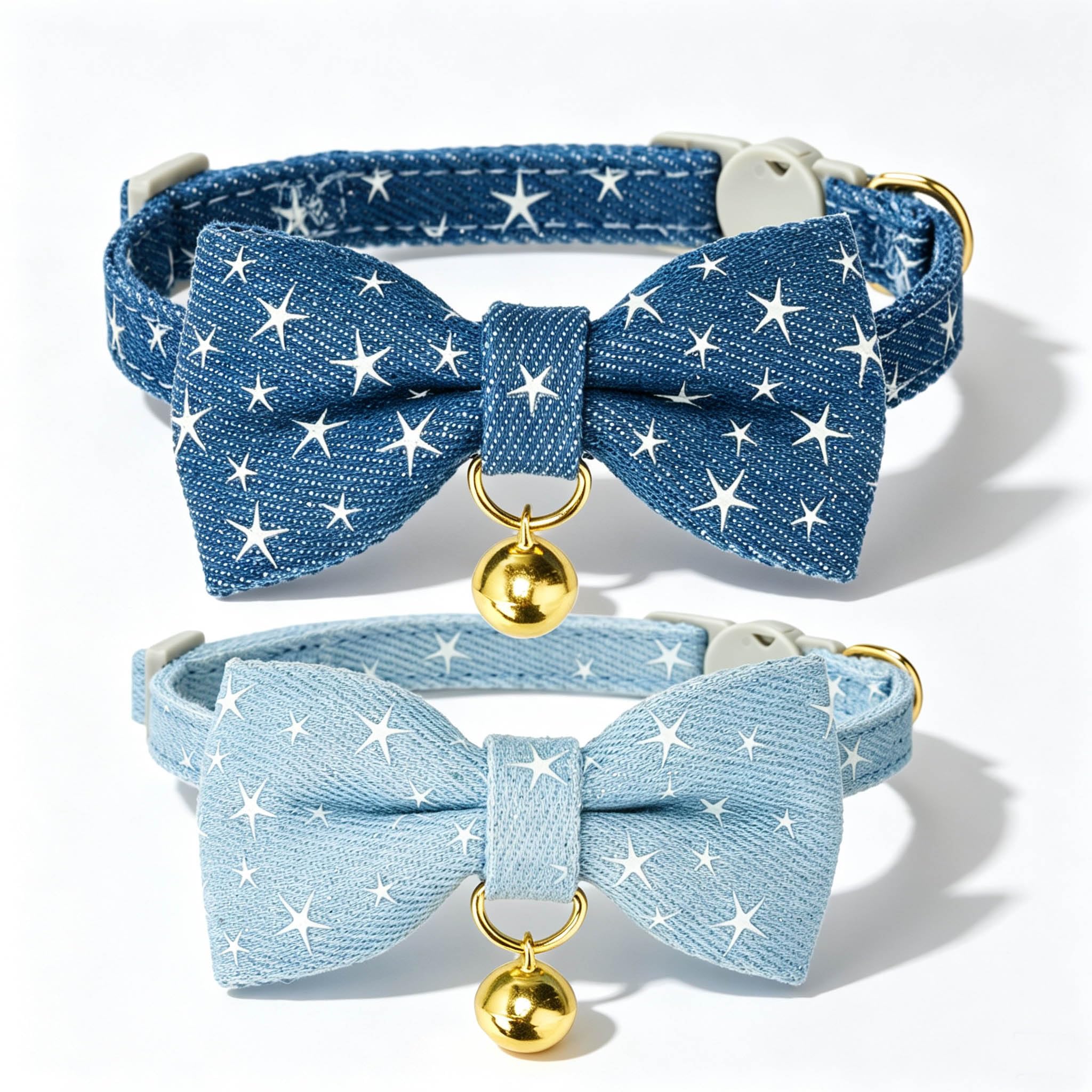 2 Pack Glow Dark Star Denim Cat Collars, Breakaway Bow Bell Kitten Collars — image 1