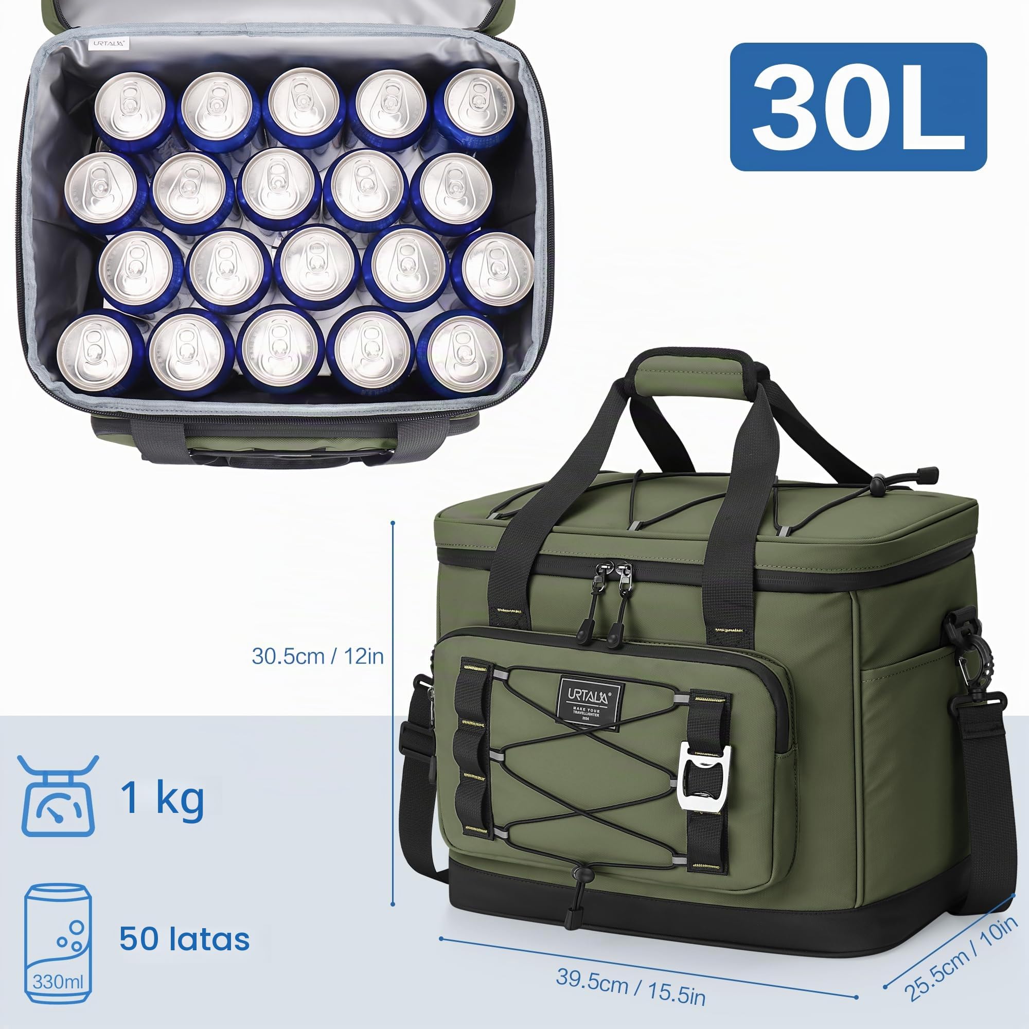 Urtala Bolsa Térmica, Nevera Portátil Aislante e Impermeable para acampadas, Viajes, la Compra y la Pesca, 30L