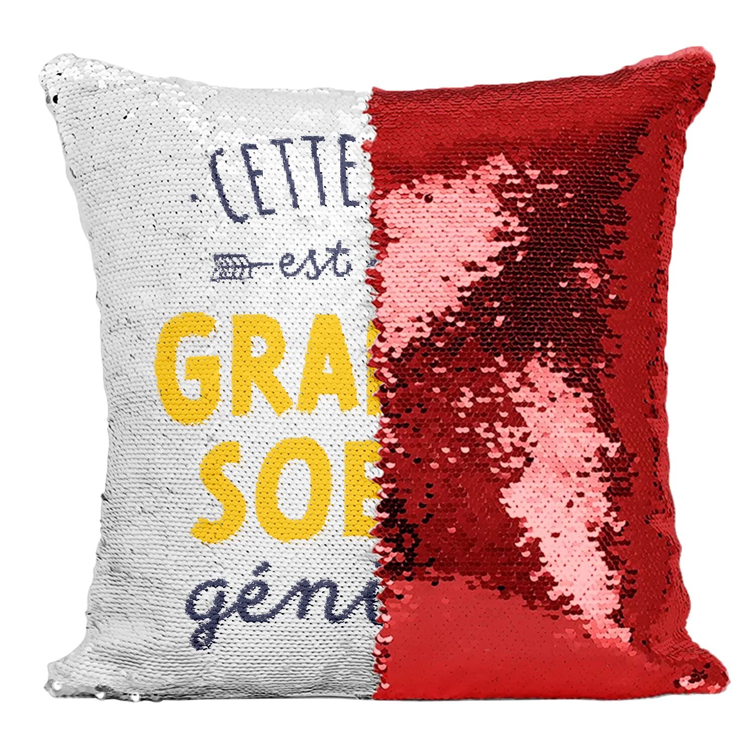 Coussin sequin grande soeur géniale : cadeau paillettes rouge unique pour la famille