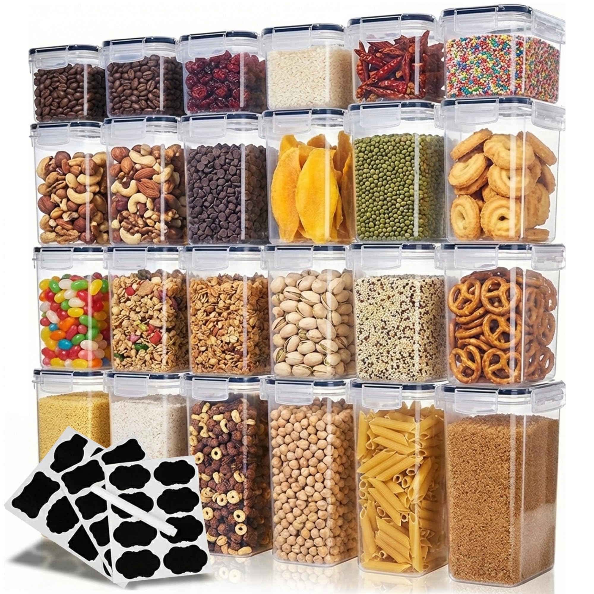 uandu Juego de 24 recipientes de almacenamiento herméticos con tapa, sin BPA, para cereales, harina y azúcar, con bolígrafo y etiqueta