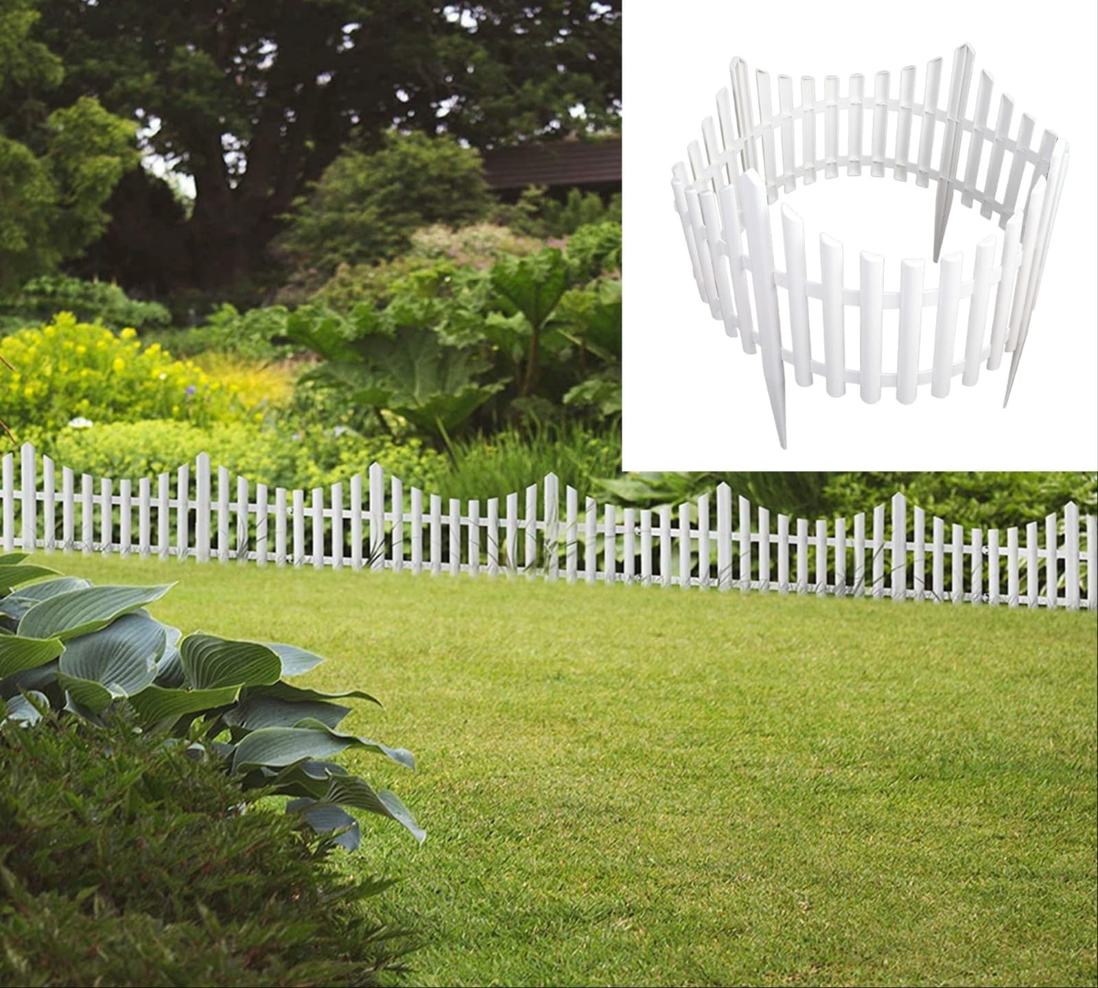 ARUUJ Garden White Picket Fence Interlocking Panel –Outdoor Lawn Path Flowerbeds Border Edging Plastic Border - Landscape Courtyard Decorative Fencing Panels 32.5cm x 60.5cm x 0.5cm (12)